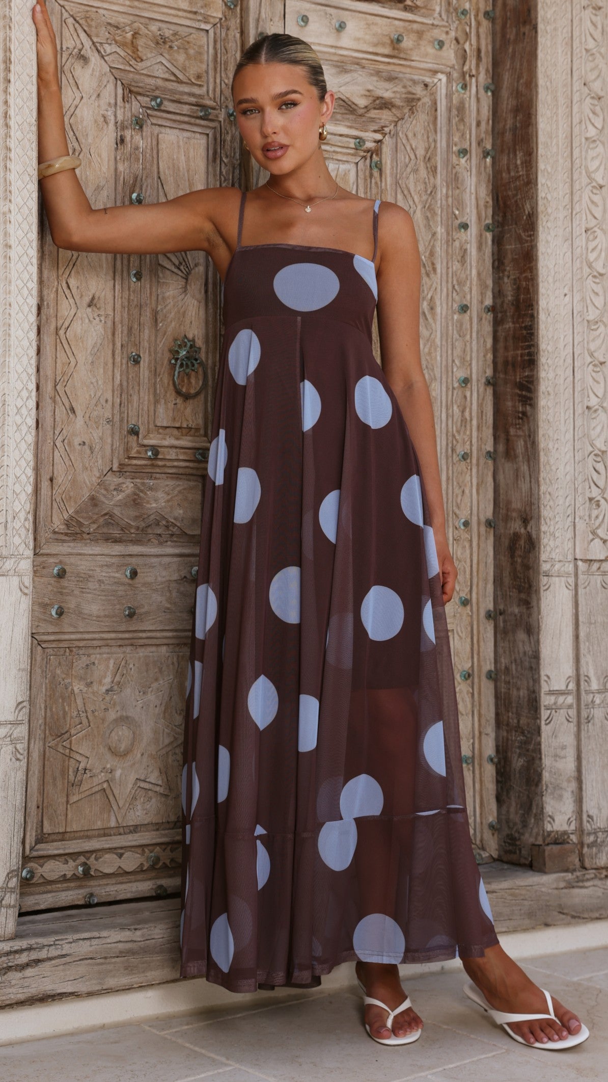 brown polka dot maxi dress Second Glance Olga Criss-Cross Back Midi Dress Polka Dot Brown