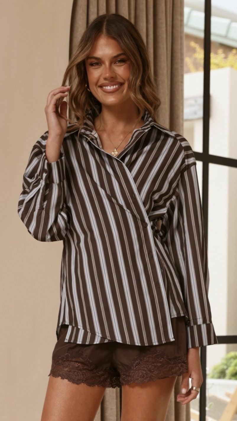 Valia Asymmetrical Button Up Shirt - Brown/Blue Stripe - Buy