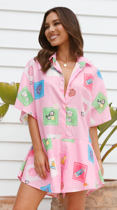 Load image into Gallery viewer, Aralyn Playsuit - Pink Stamps Print
