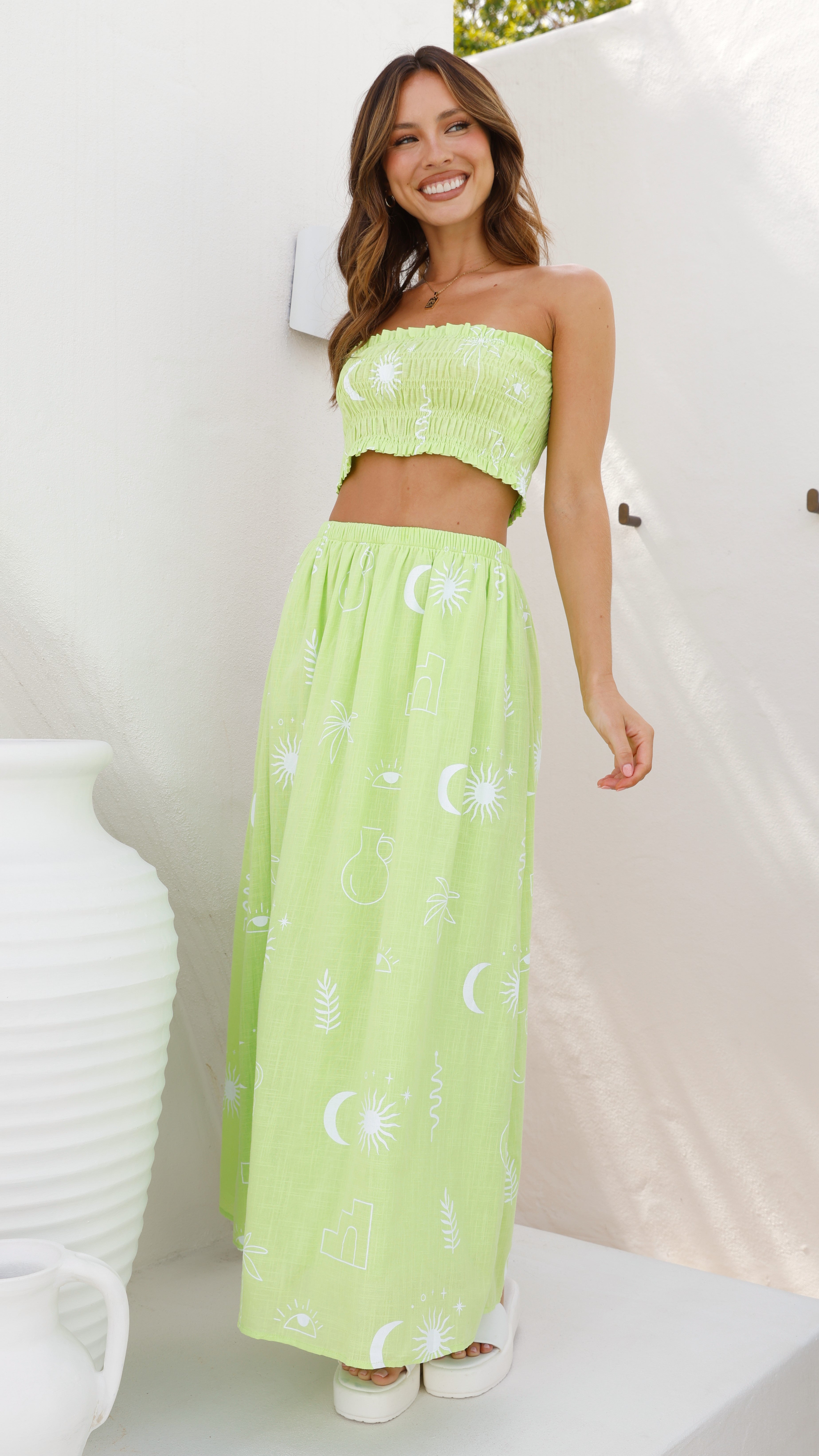 Abeba Strapless Top and Midi Skirt Set - Lime / White Sun Vase