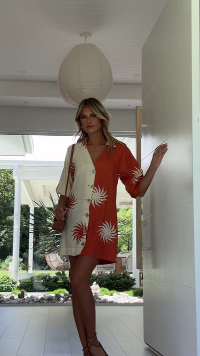 Load and play video in Gallery viewer, Kyra Mini Dress - Rust/Cream Sun Print
