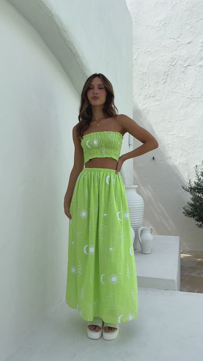 Load and play video in Gallery viewer, Abeba Strapless Top and Midi Skirt Set - Lime / White Sun Vase
