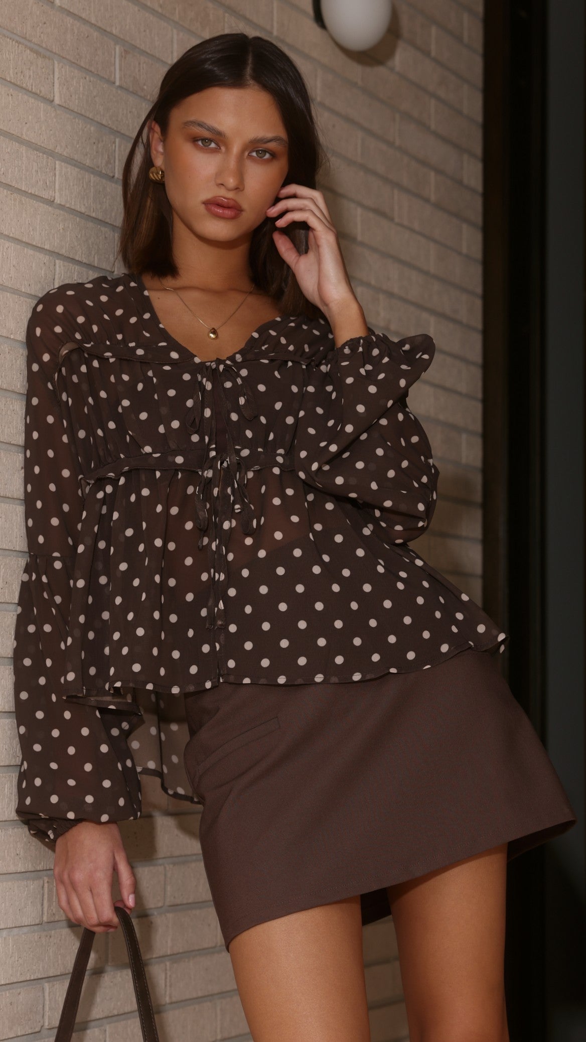 Elke Tie Blouse - Chocolate/White Polka Dot - Billy J