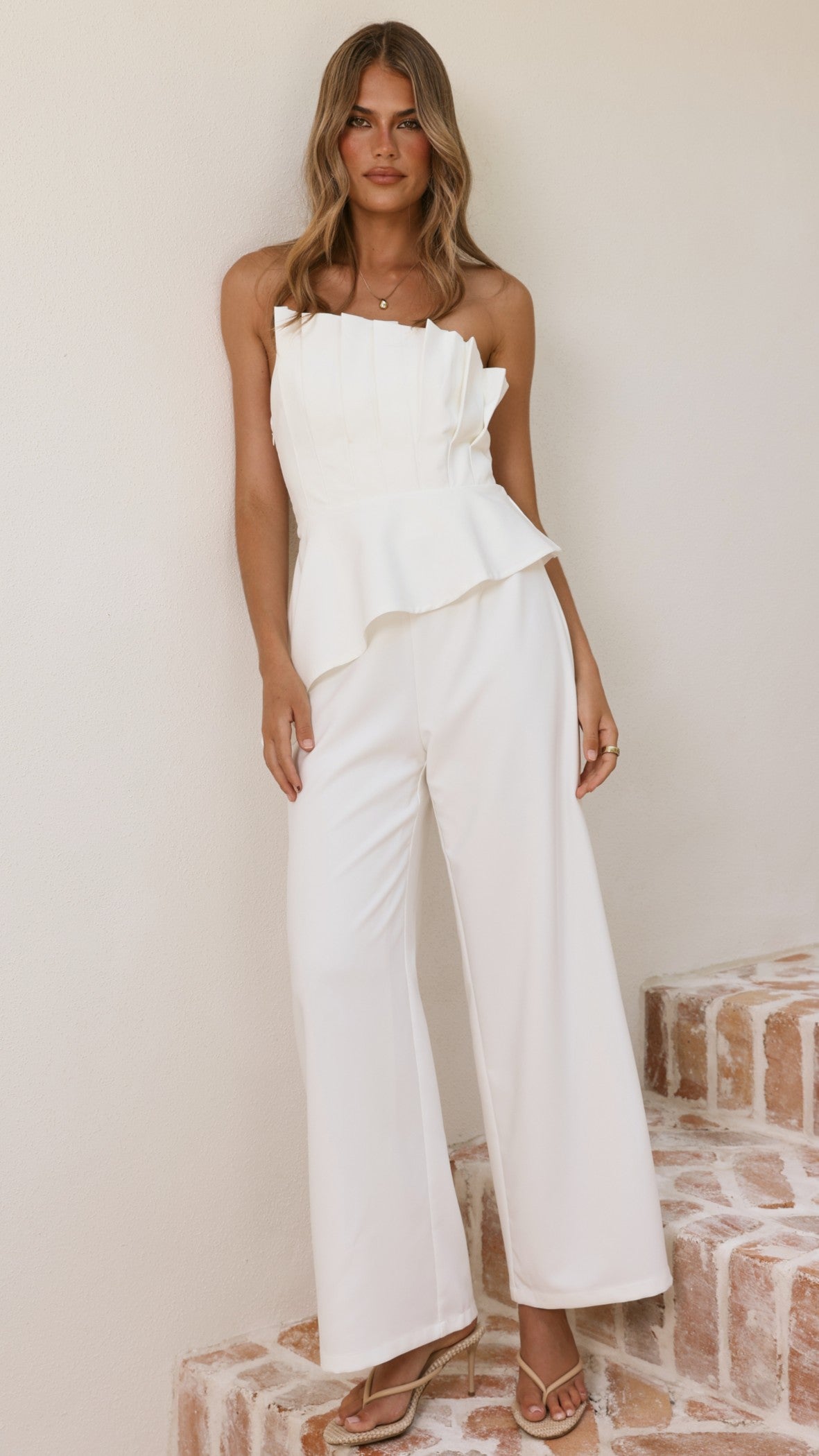 Javana Asymmetrical Top and Pants Set - White - Billy J