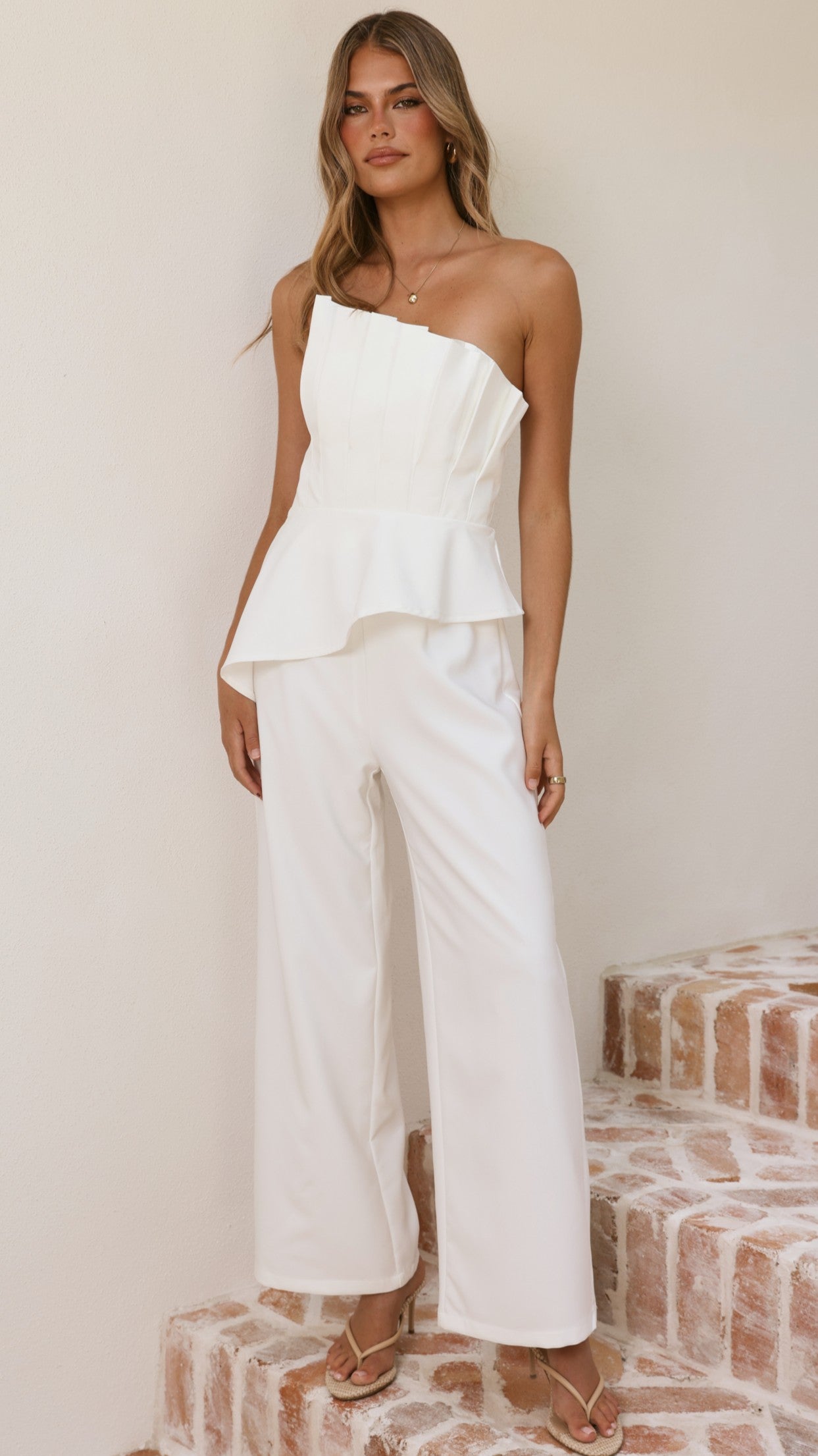 Javana Asymmetrical Top and Pants Set - White - Billy J
