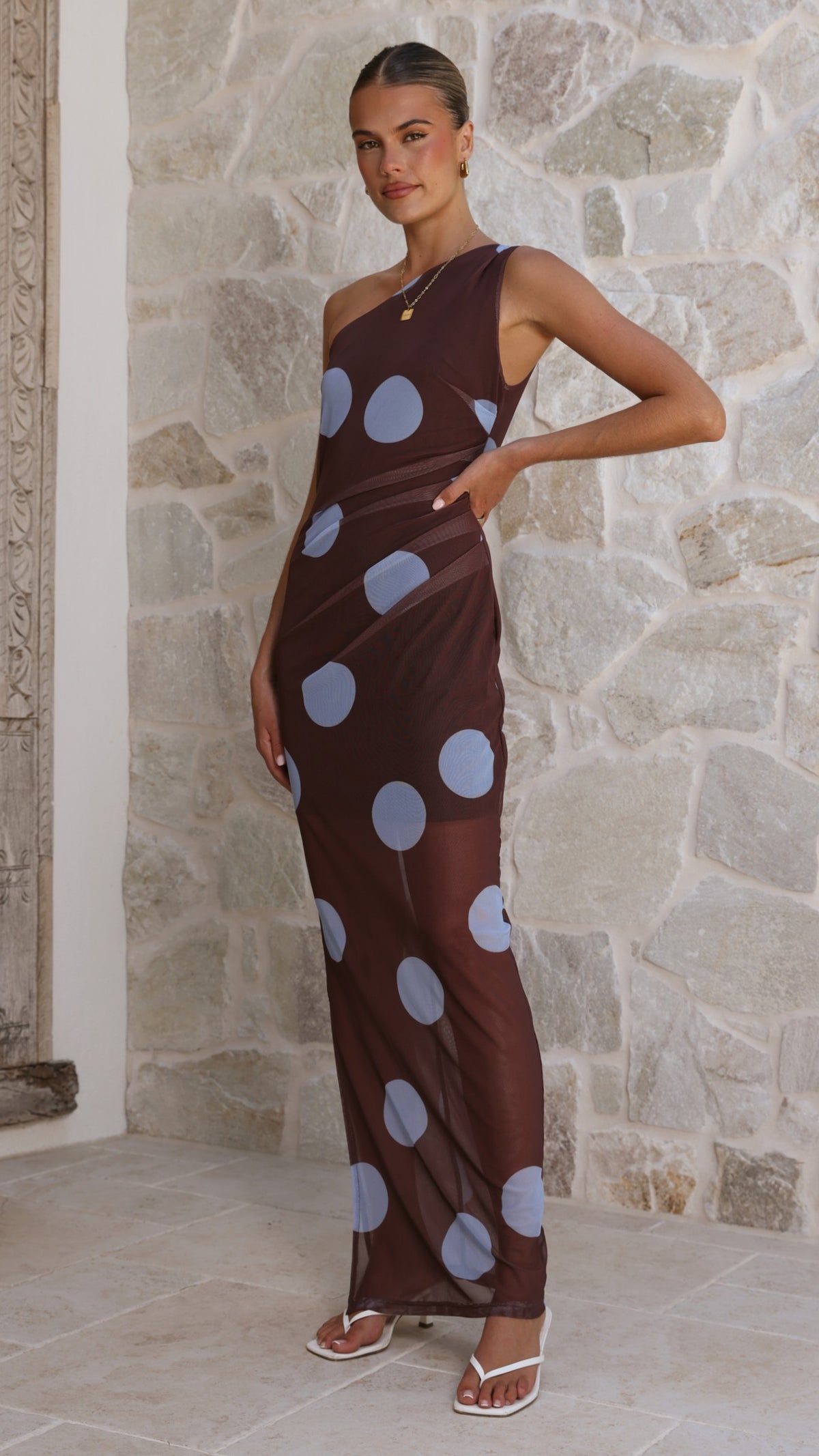Cataleya Mesh Maxi Dress - Brown / Blue Polka Dot - Billy J