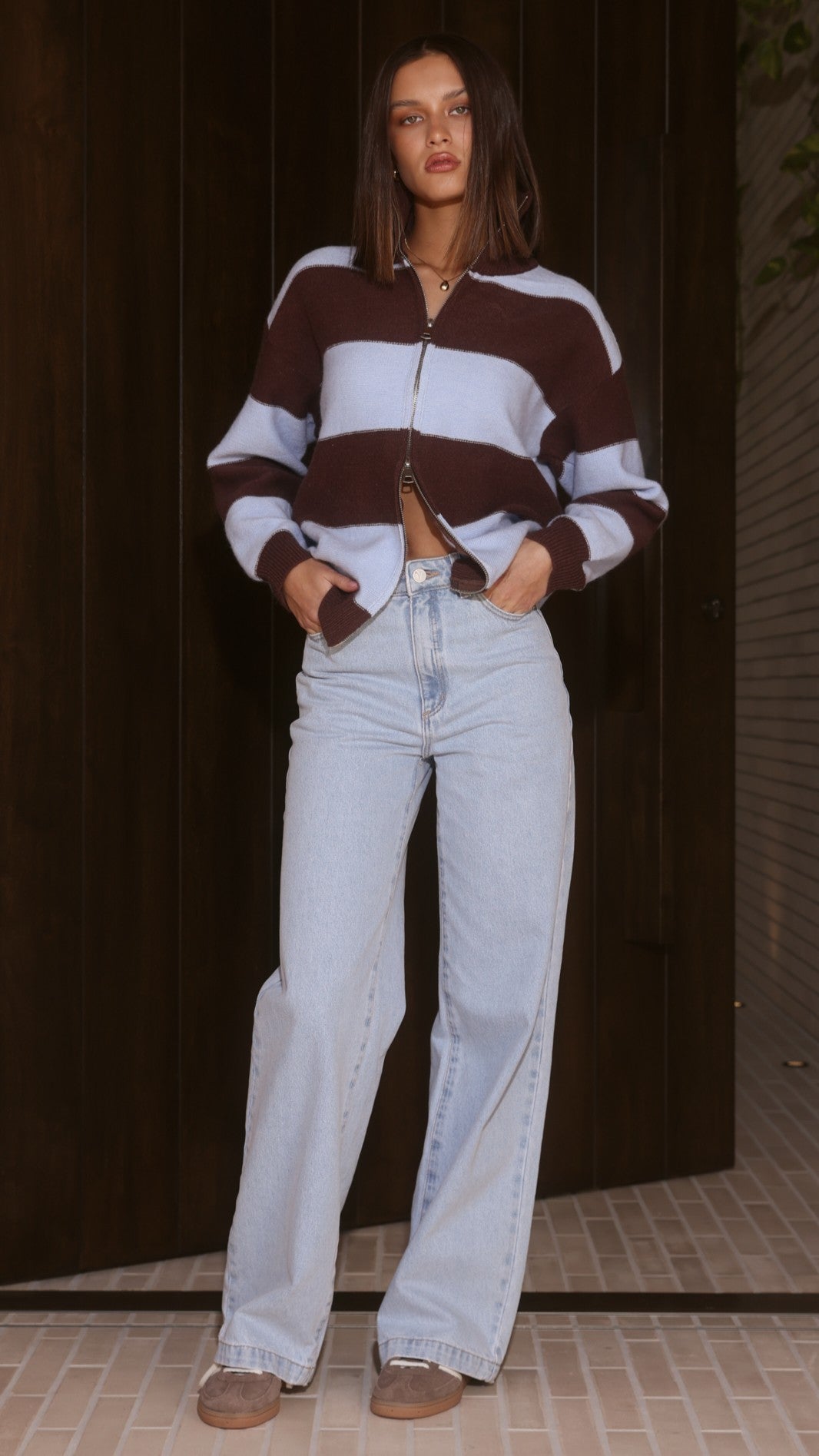 Tyla Zip-Up Sweater - Brown/Blue Stripe - Billy J