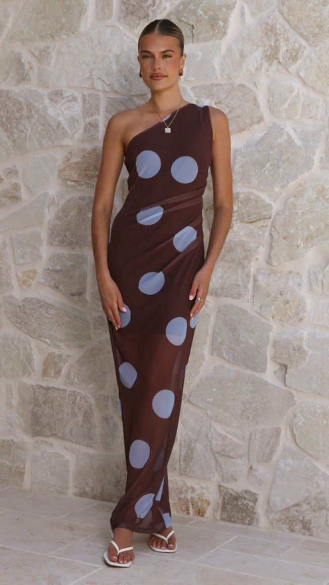 Cataleya Mesh Maxi Dress - Brown / Blue Polka Dot - Billy J