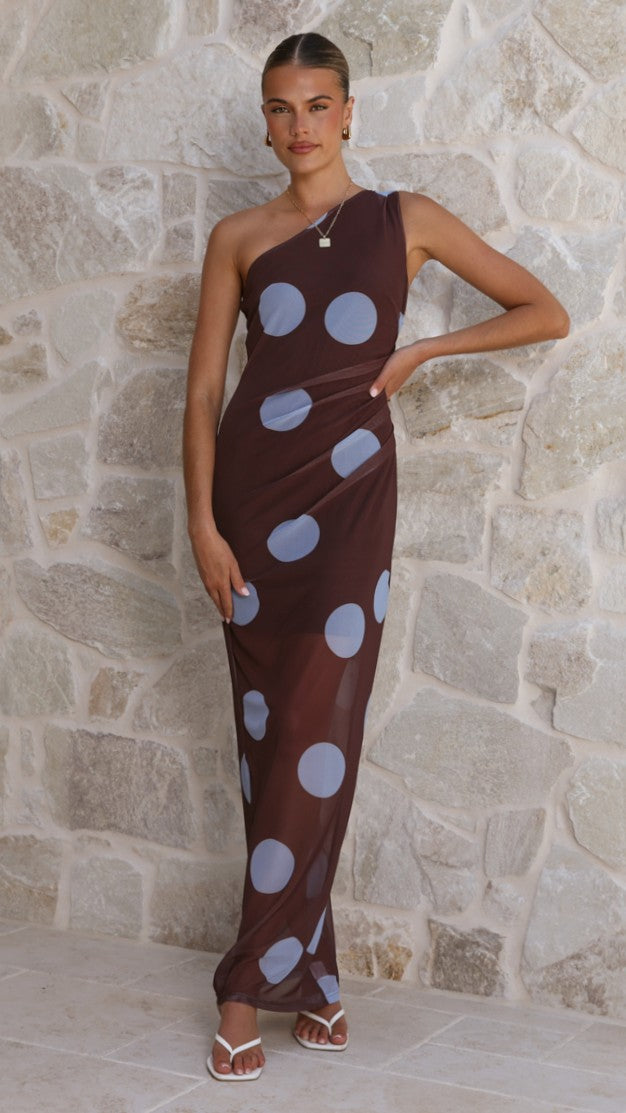 Cataleya Mesh Maxi Dress - Brown / Blue Polka Dot - Billy J