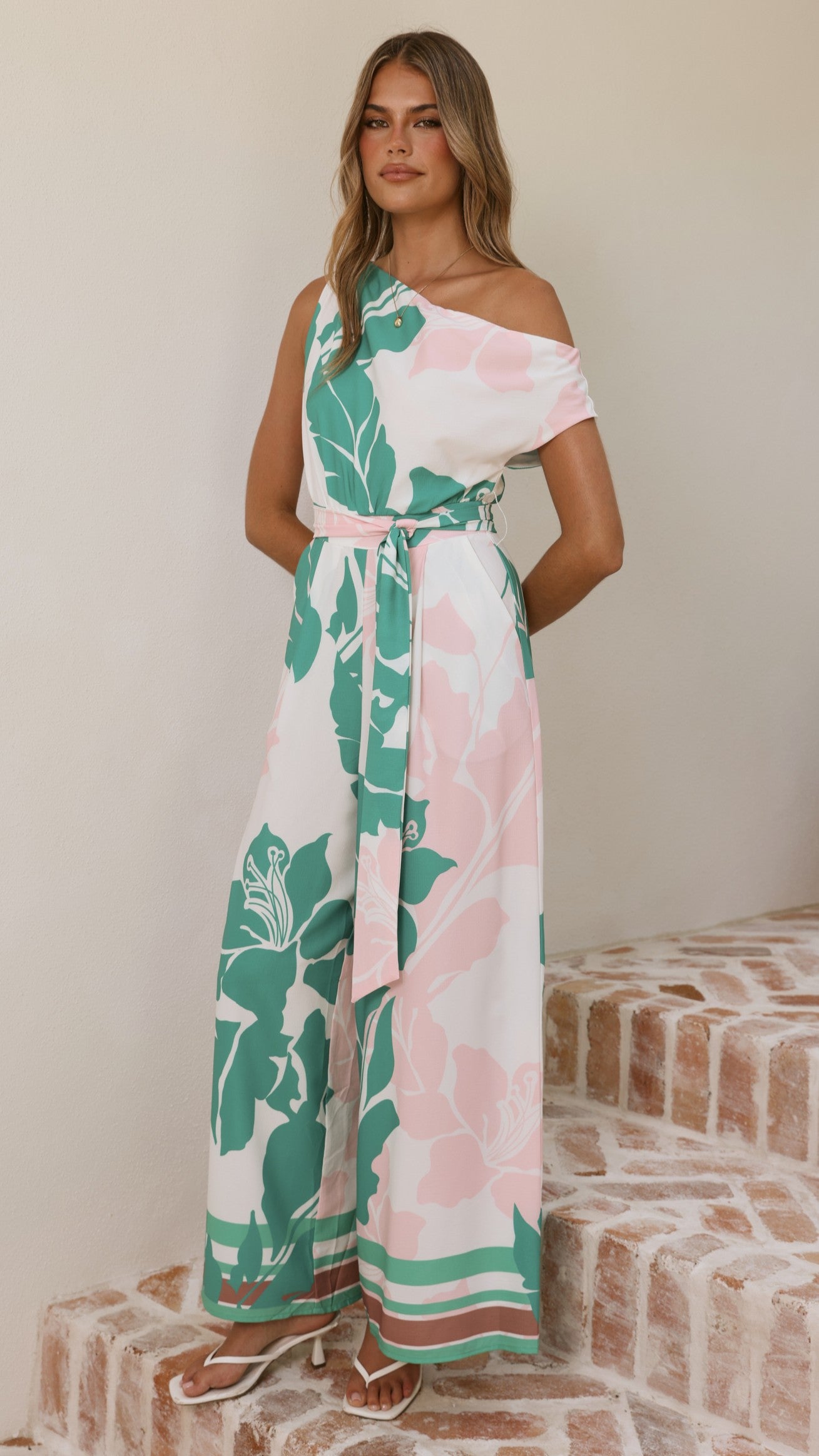 Oasis One Shoulder Jumpsuit - Pink/Green - Billy J