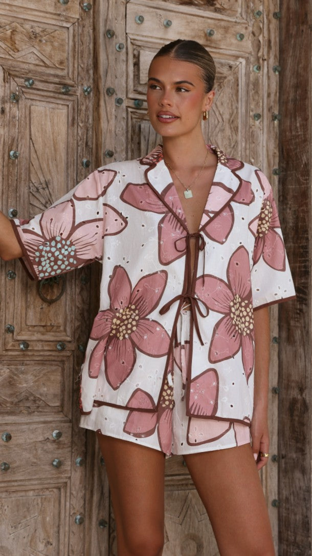 Eloise Eyelet Top - Botanic Pink Print - Billy J