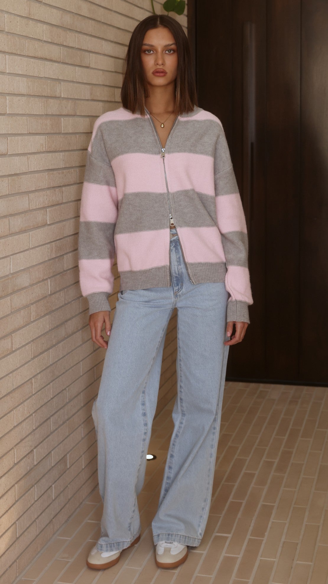 Tyla Zip-Up Sweater - Pink/Grey Stripe - Billy J