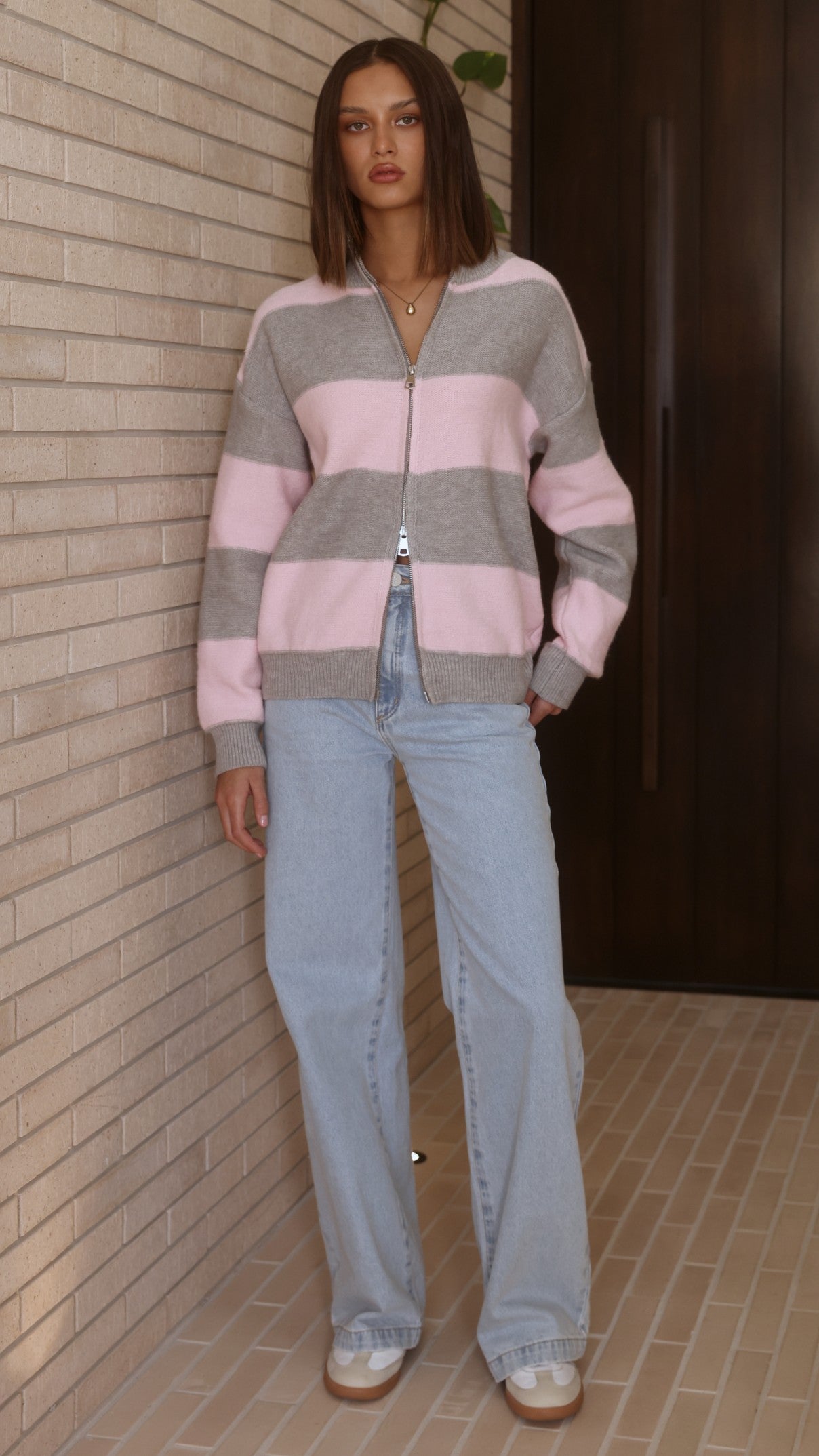 Tyla Zip-Up Sweater - Pink/Grey Stripe - Billy J