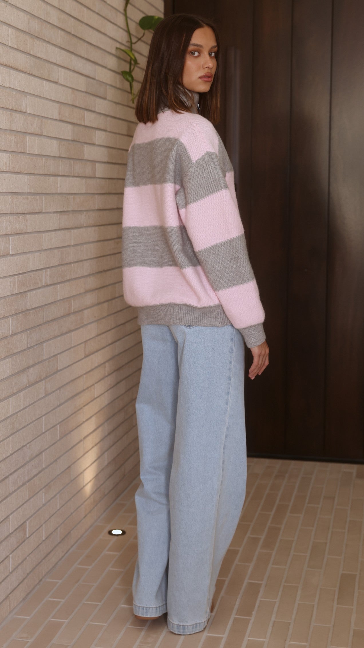 Tyla Zip-Up Sweater - Pink/Grey Stripe - Billy J