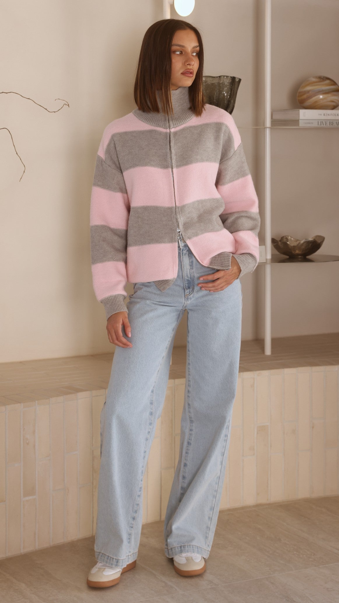 Tyla Zip-Up Sweater - Pink/Grey Stripe - Billy J