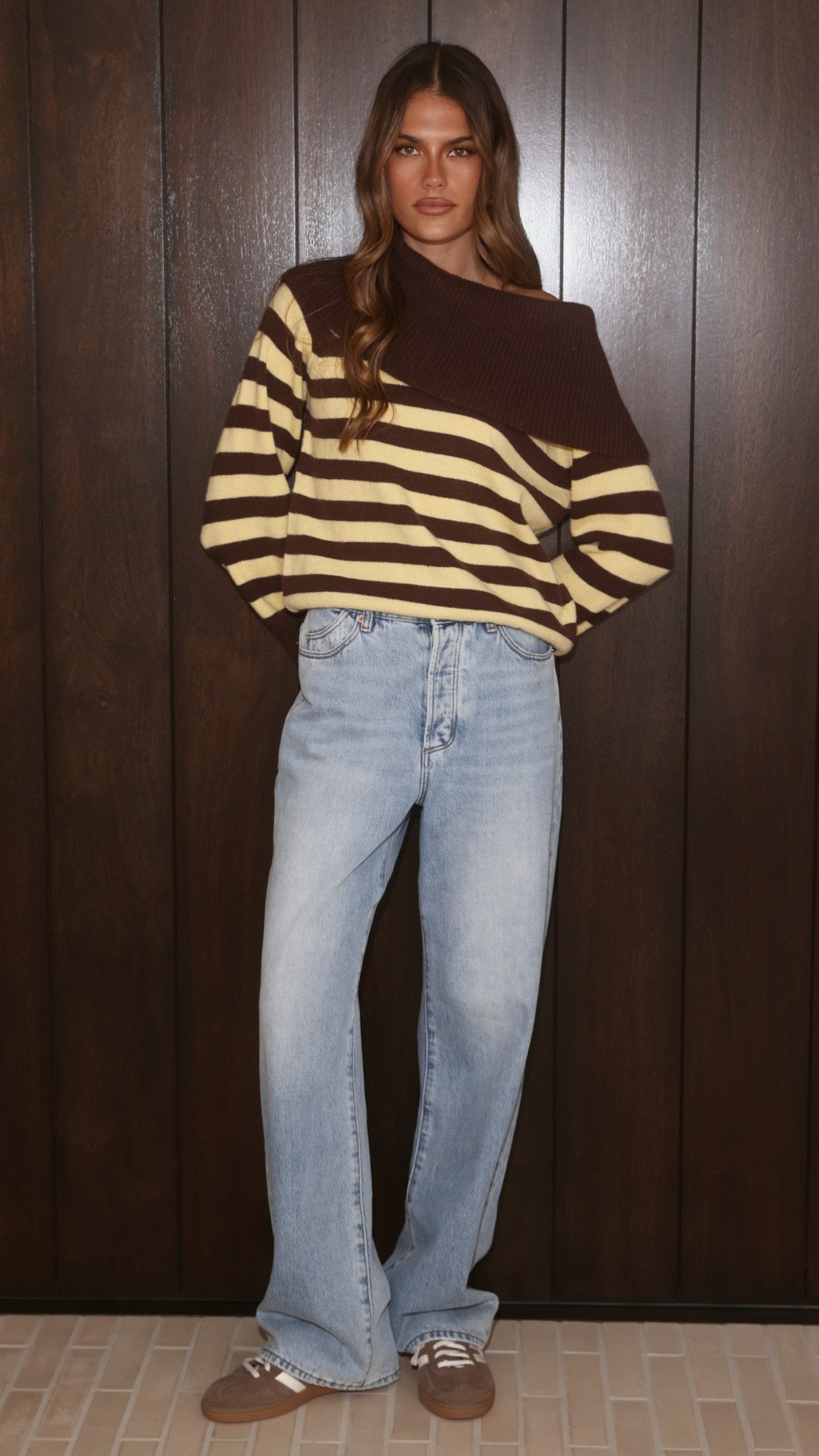 Henna Off Shoulder Knit Sweater - Yellow/Chocolate Stripe - Billy J