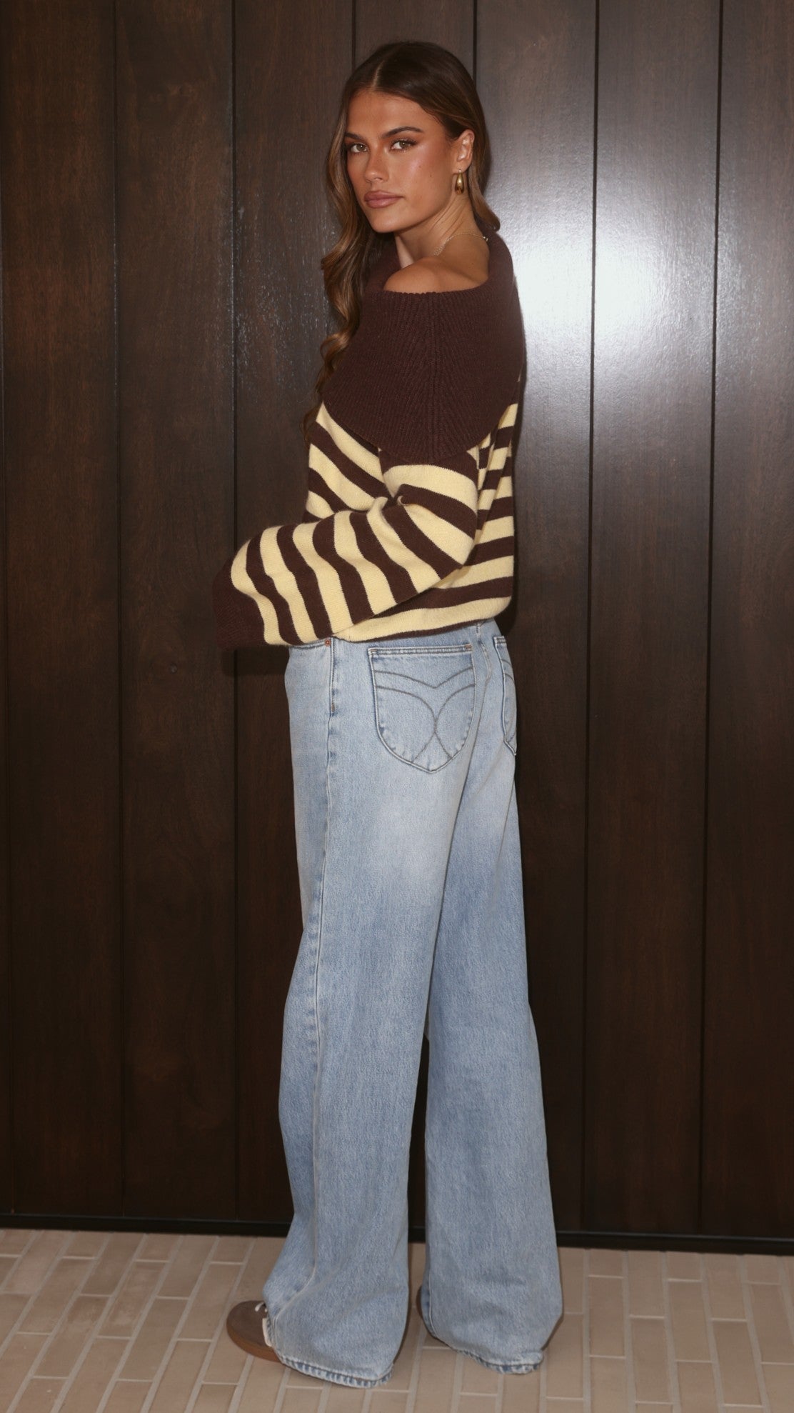 Henna Off Shoulder Knit Sweater - Yellow/Chocolate Stripe - Billy J