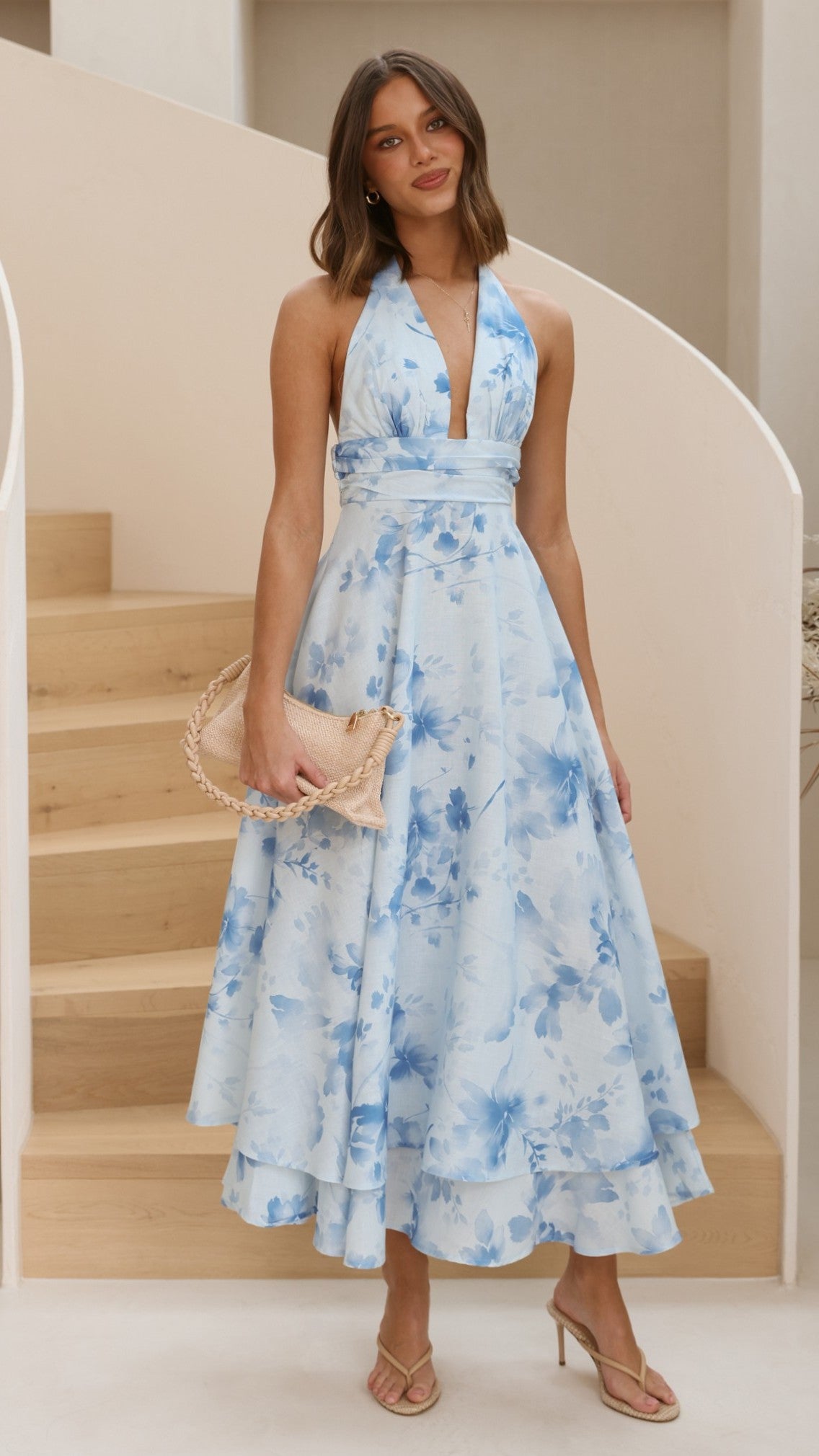 Kathy Halter Neck Maxi Dress - Blue Floral - Billy J