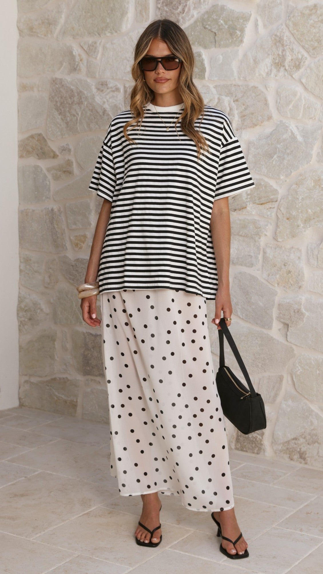 Elisha T-Shirt and Sheer Maxi Skirt Set - Black / White Stripe and Polka Dot - Billy J