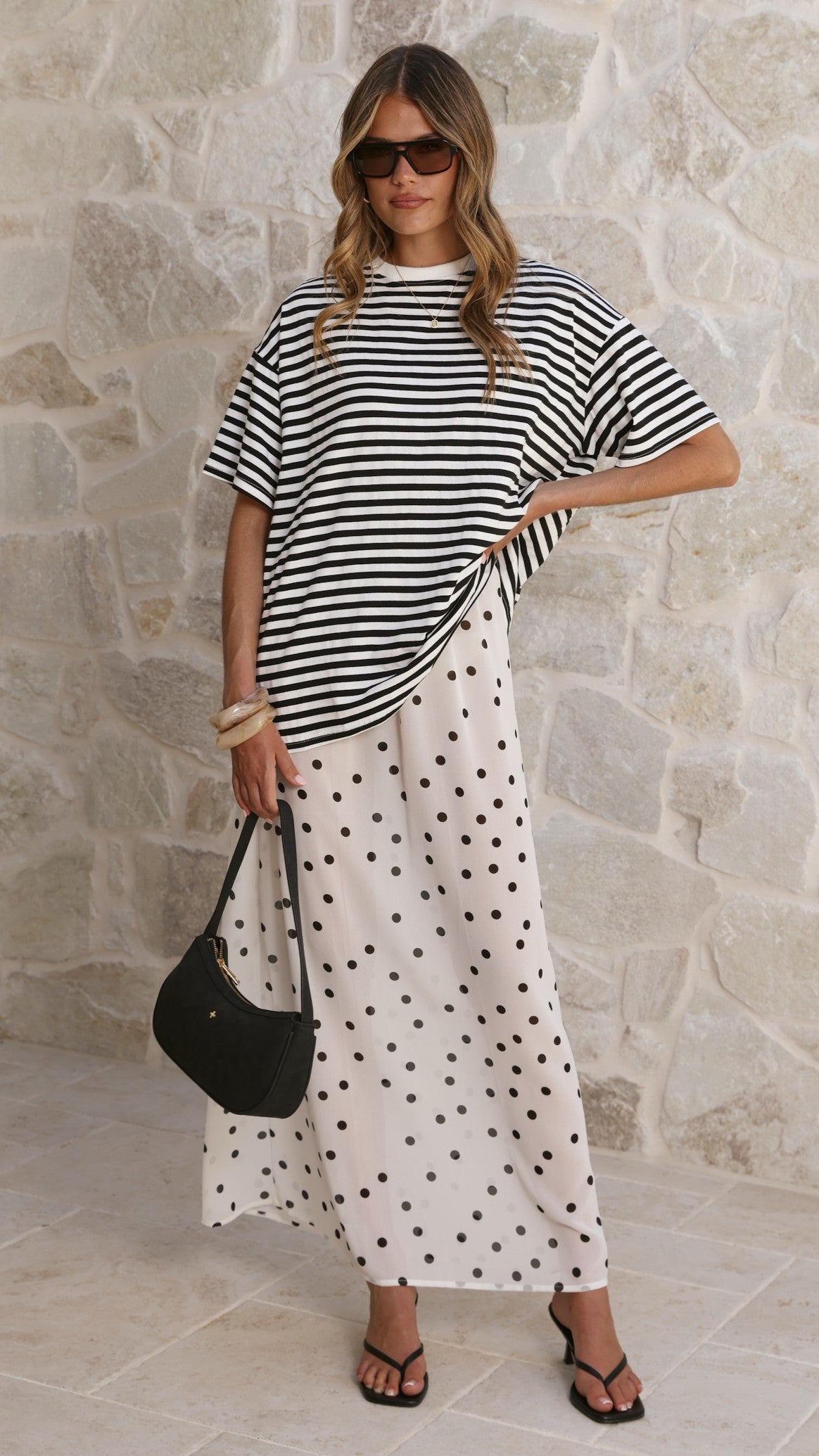 Elisha T-Shirt and Sheer Maxi Skirt Set - Black / White Stripe and Polka Dot - Billy J
