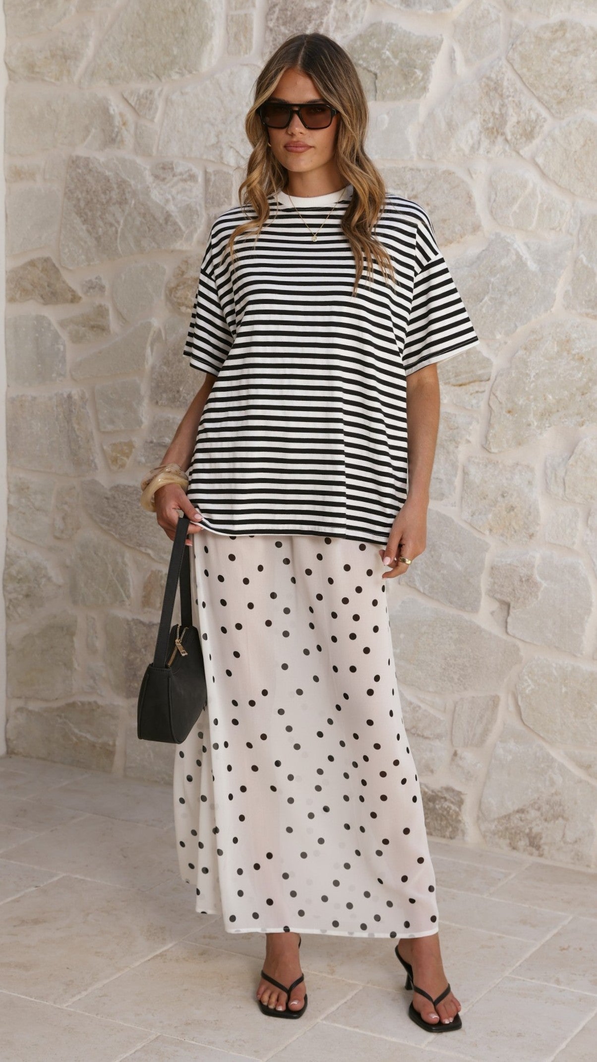 Elisha T-Shirt and Sheer Maxi Skirt Set - Black / White Stripe and Polka Dot - Billy J