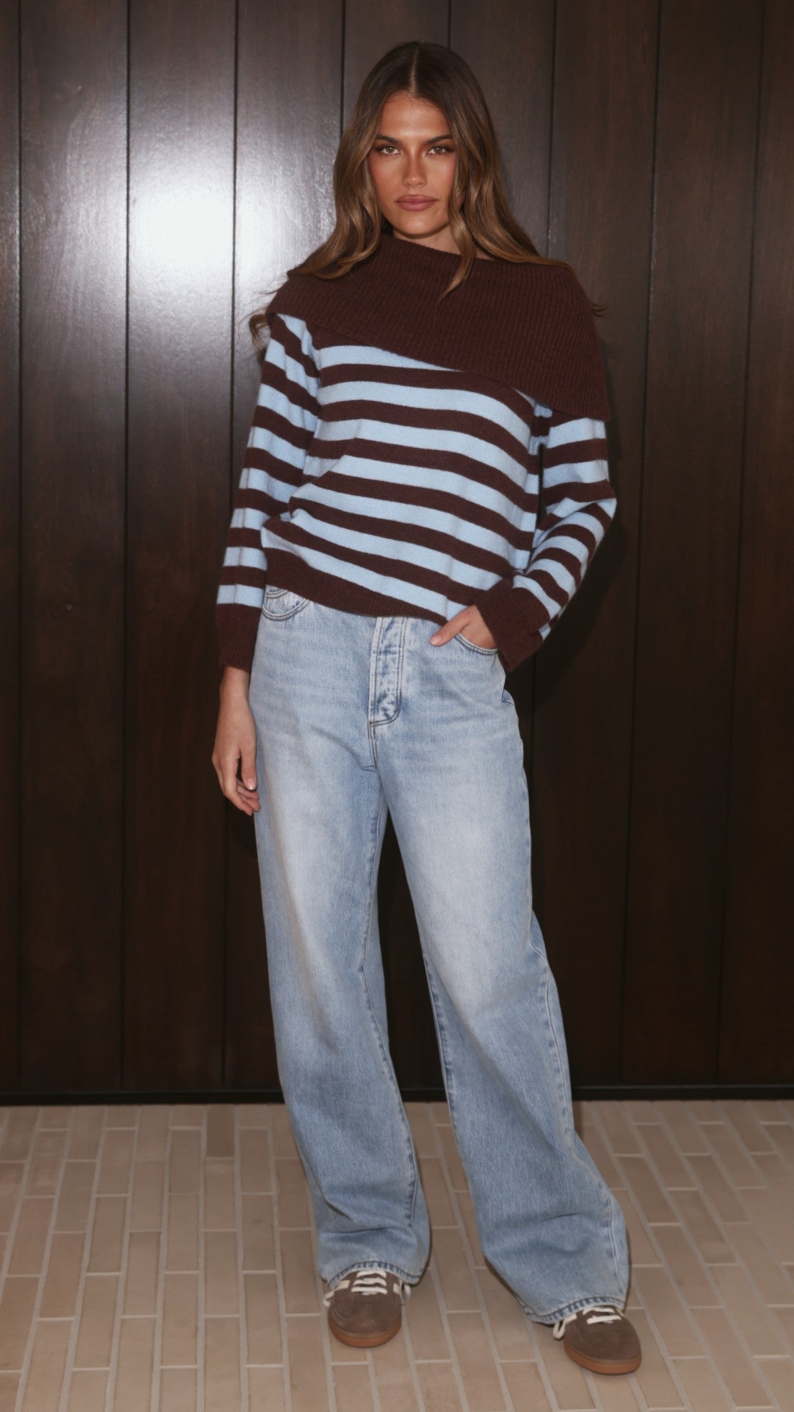 Henna Off Shoulder Knit Sweater - Blue/Chocolate Stripe - Billy J