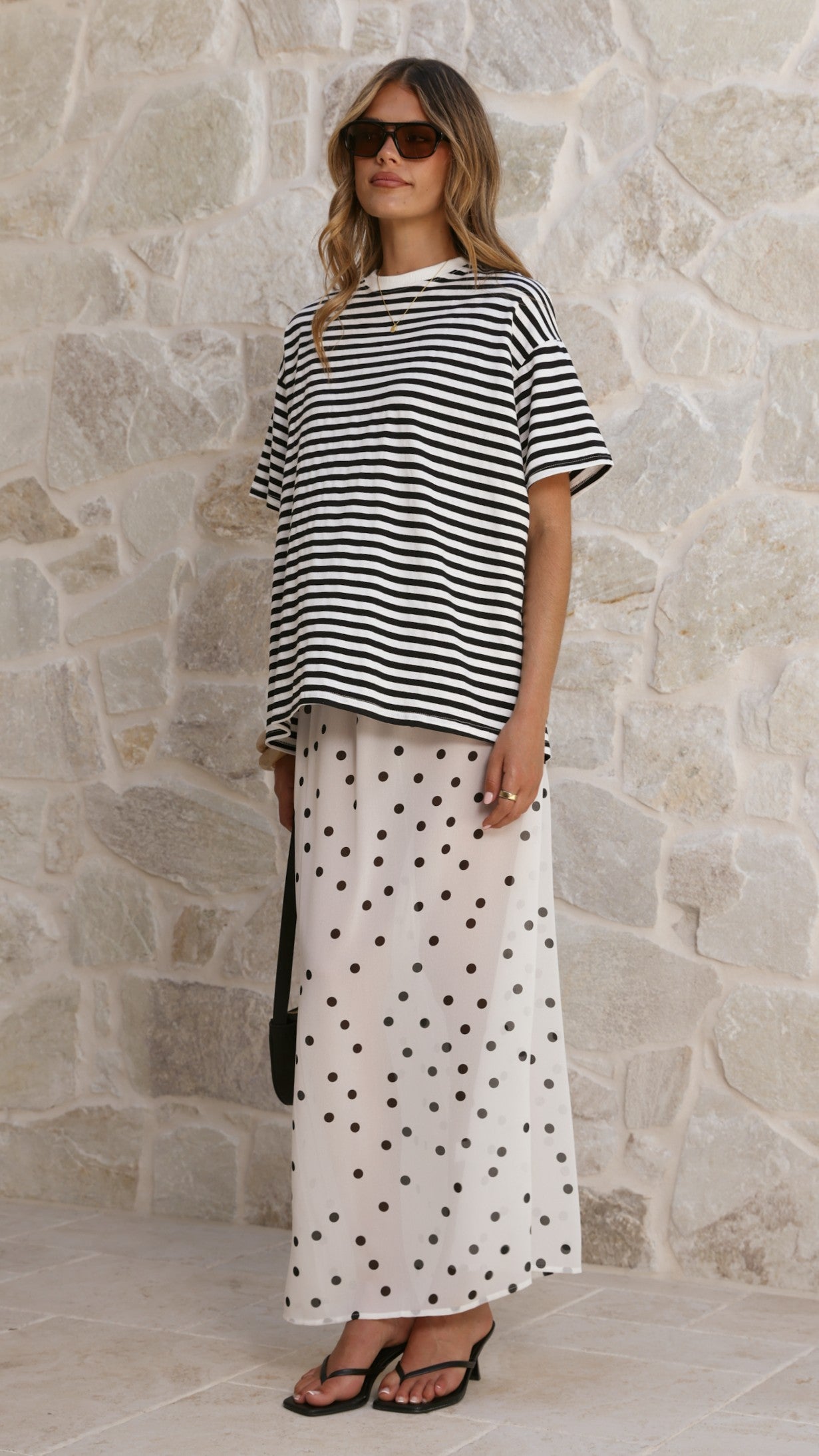 Elisha T-Shirt and Sheer Maxi Skirt Set - Black / White Stripe and Polka Dot - Billy J