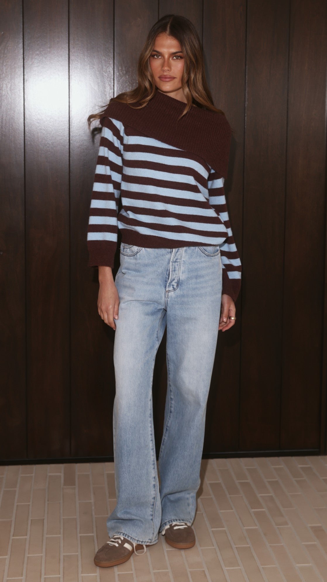 Henna Off Shoulder Knit Sweater - Blue/Chocolate Stripe - Billy J