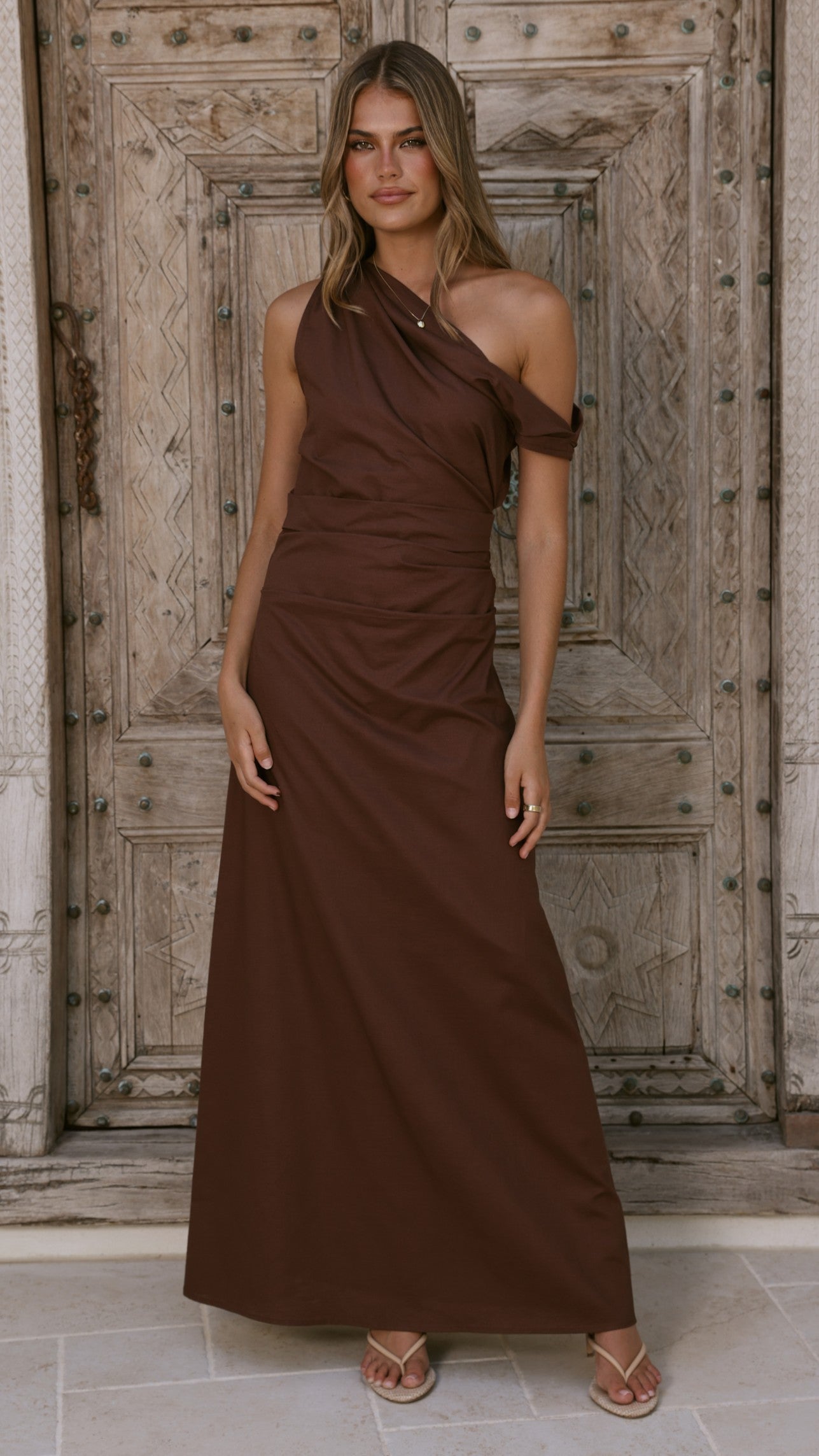 Larissa One Shoulder Maxi Dress - Brown - Billy J