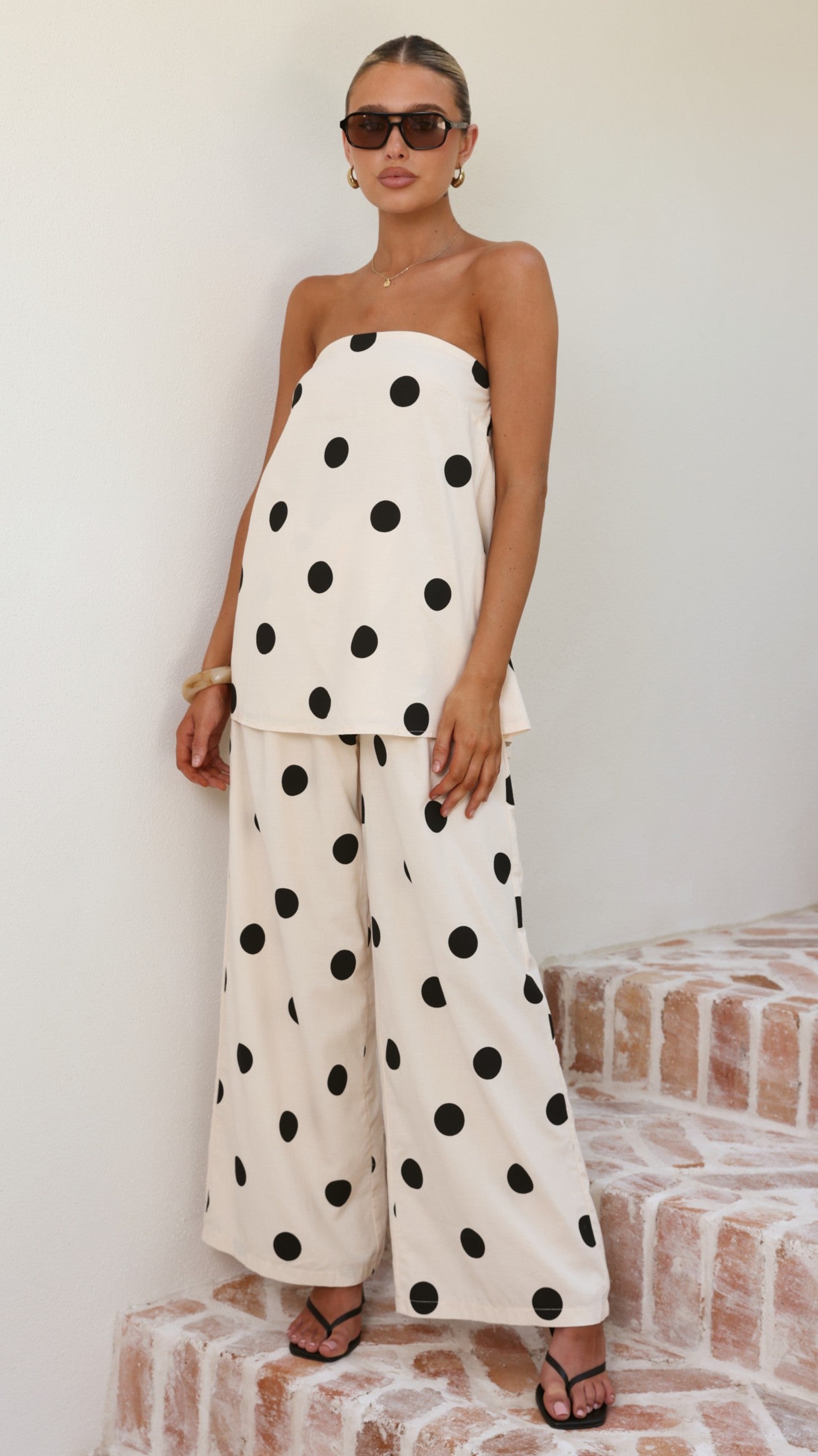 Hazelle Strapless Top - Beige/Black Polka Dot - Billy J