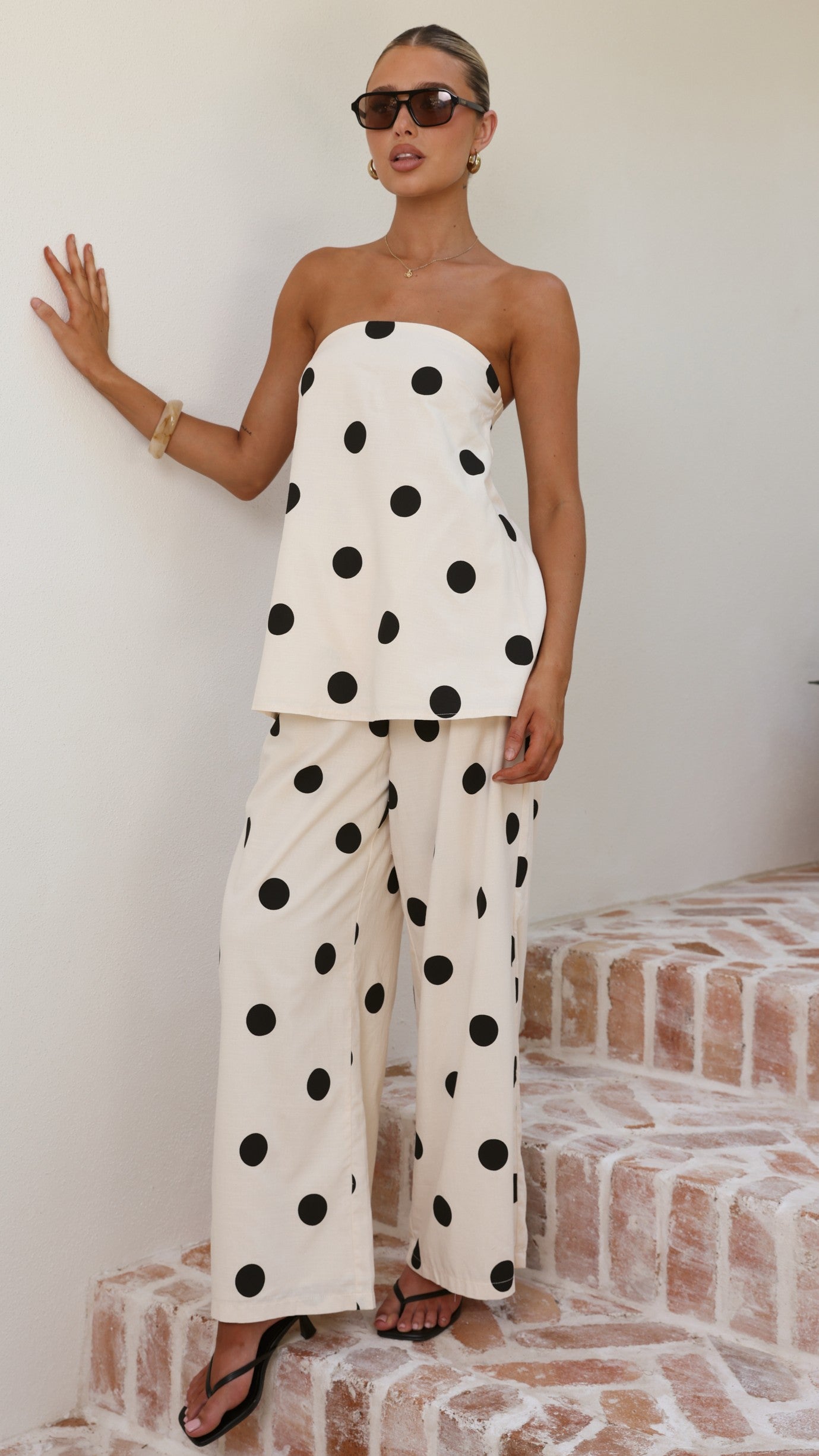 Hazelle Strapless Top - Beige/Black Polka Dot - Billy J