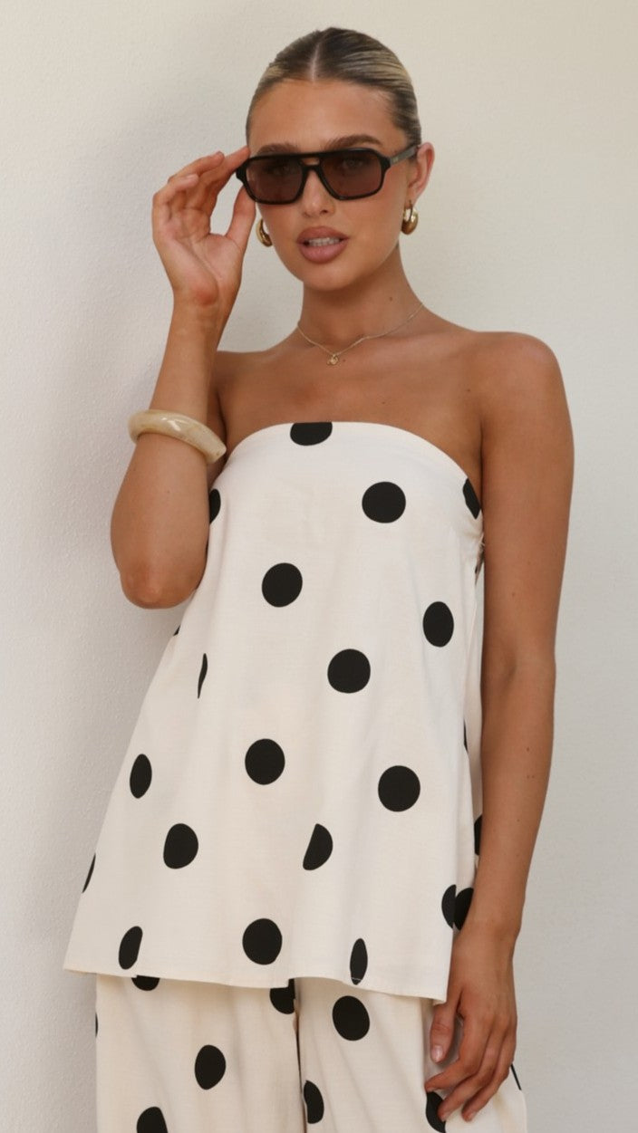 Hazelle Strapless Top - Beige/Black Polka Dot - Billy J