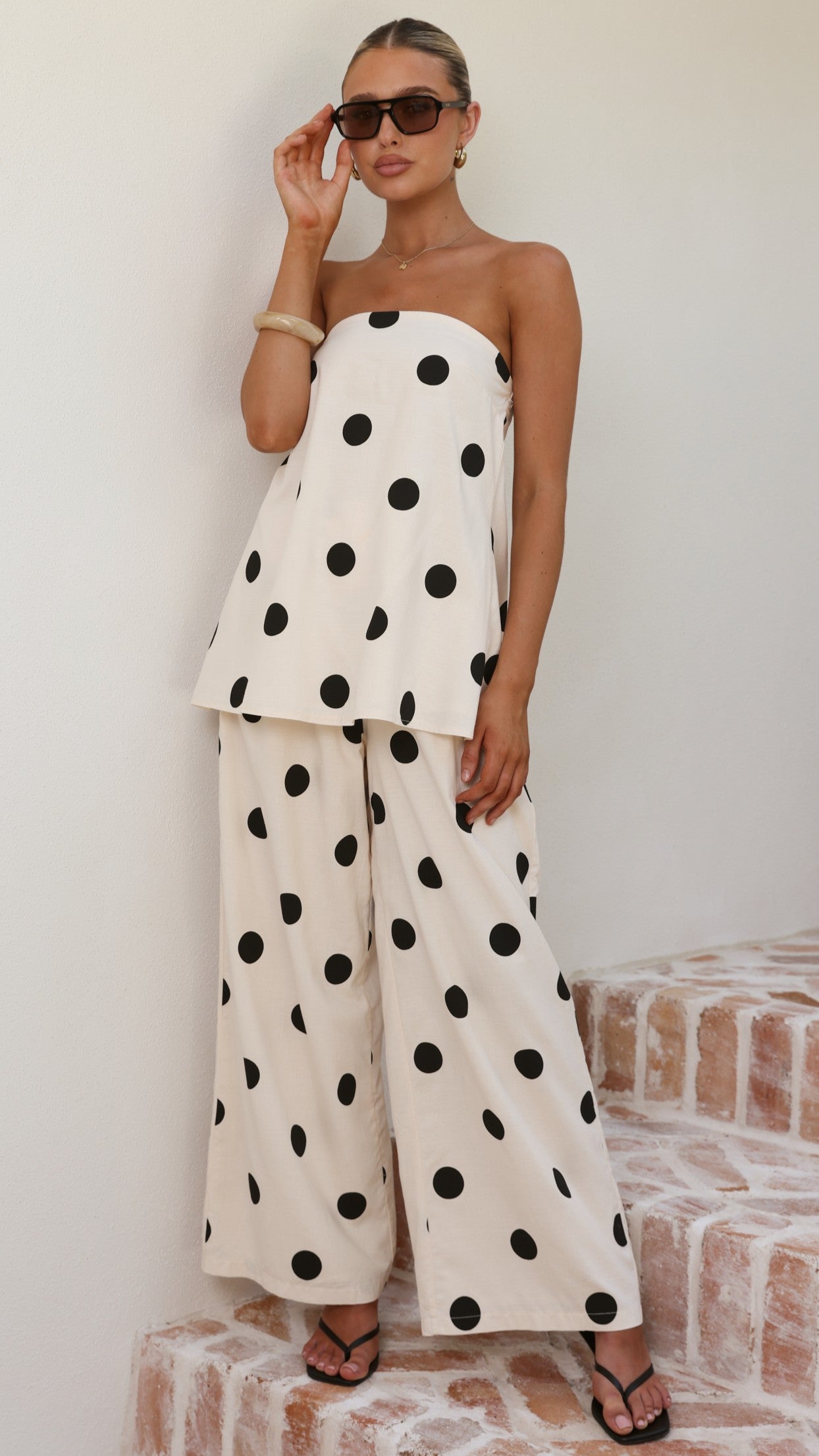 Hazelle Strapless Top - Beige/Black Polka Dot - Billy J
