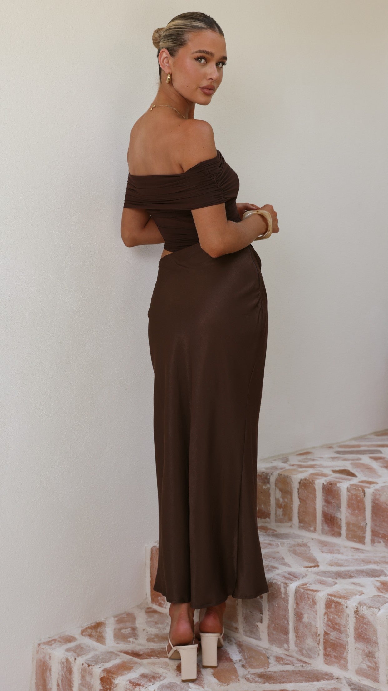 Daena Off Shoulder Maxi Dress - Chocolate - Billy J