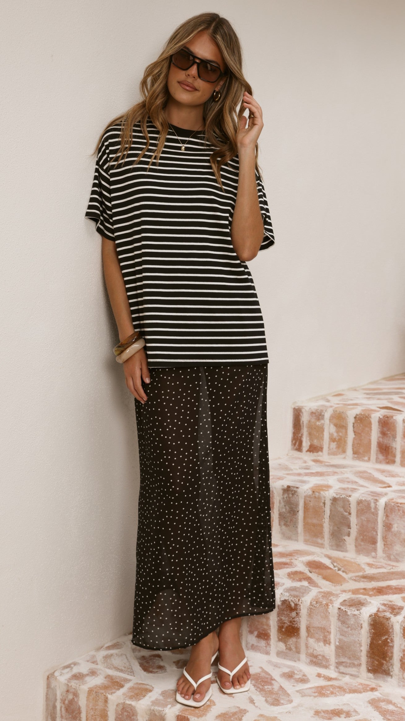 Elisha T-Shirt and Sheer Maxi Skirt Set - White/Black Stripe and Polka Dot - Billy J