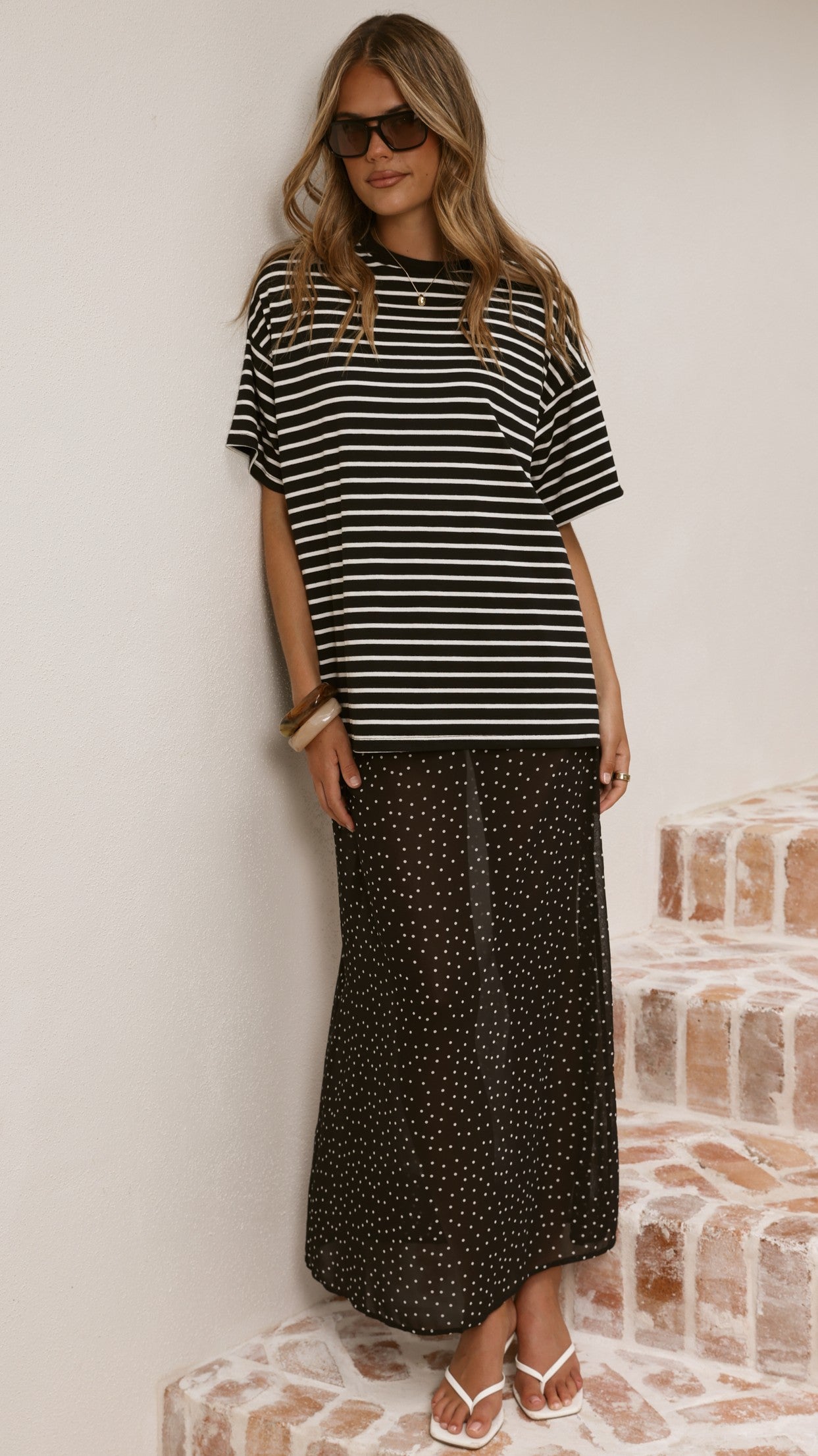 Elisha T-Shirt and Sheer Maxi Skirt Set - White/Black Stripe and Polka Dot - Billy J