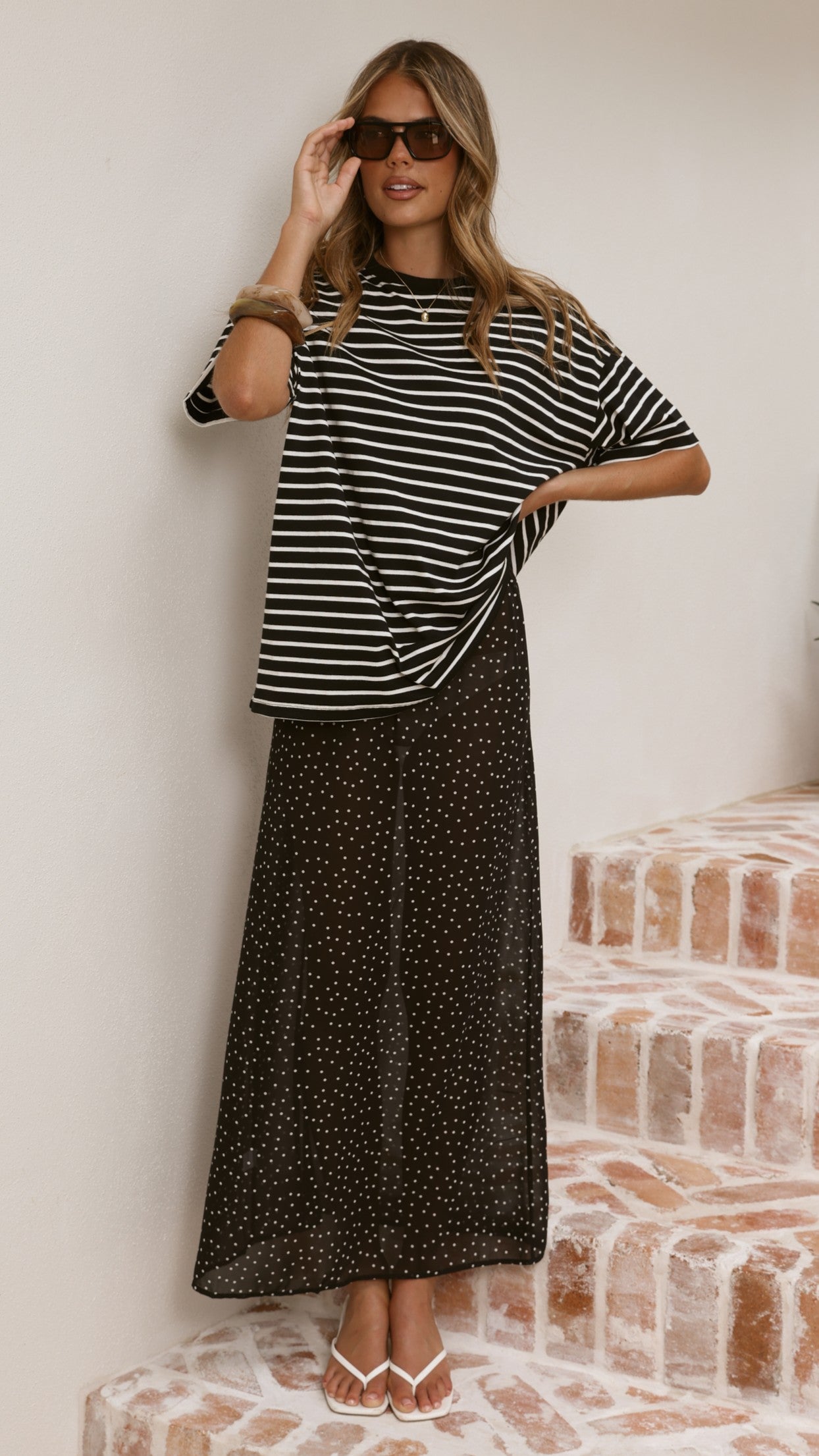 Elisha T-Shirt and Sheer Maxi Skirt Set - White/Black Stripe and Polka Dot - Billy J