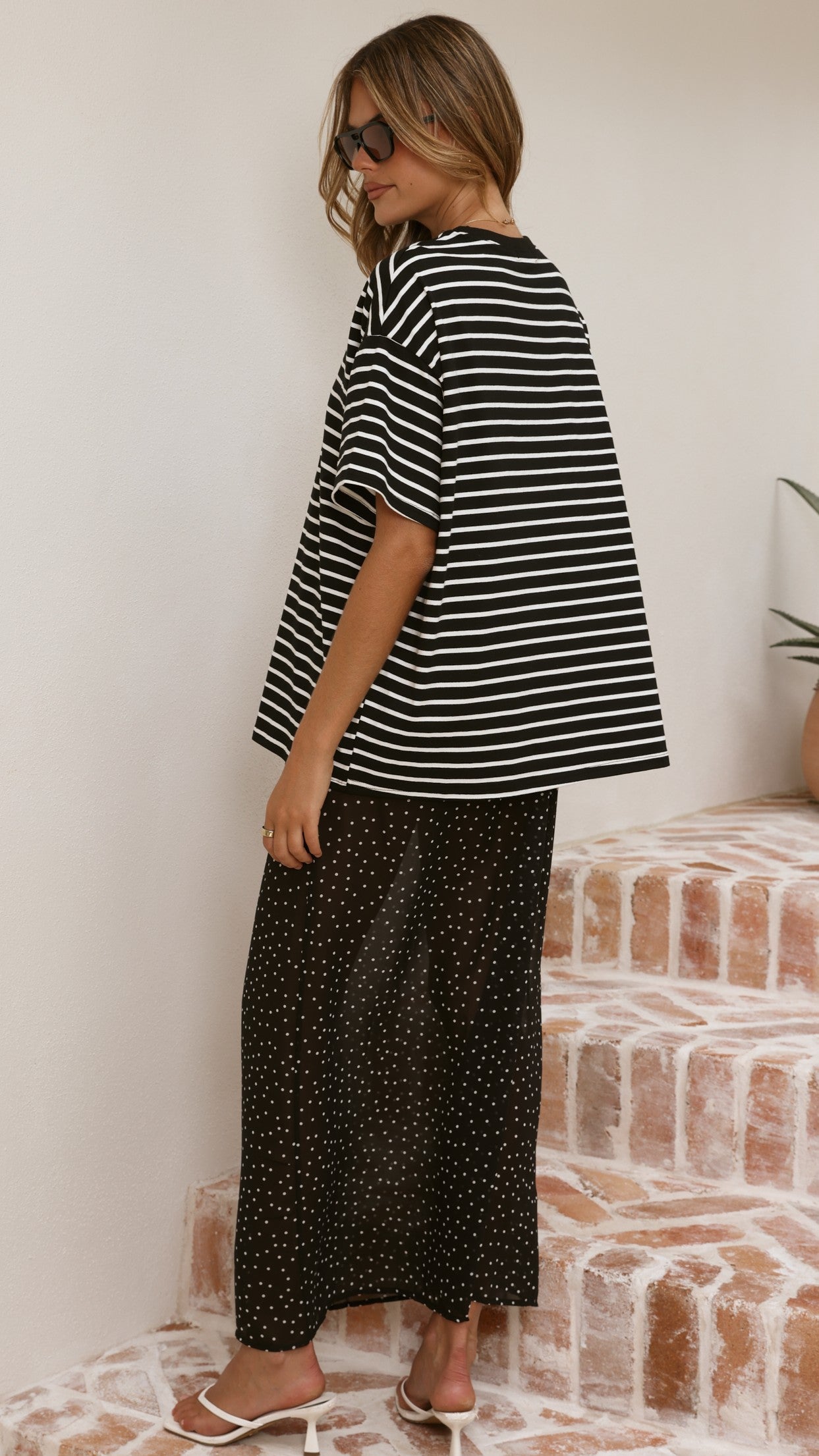 Elisha T-Shirt and Sheer Maxi Skirt Set - White/Black Stripe and Polka Dot - Billy J