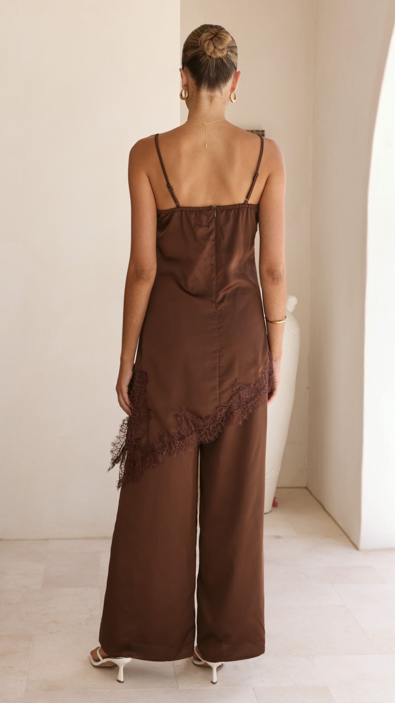 Hayleigh Asymmetrical Top and Pants Set - Chocolate/Lace - Billy J