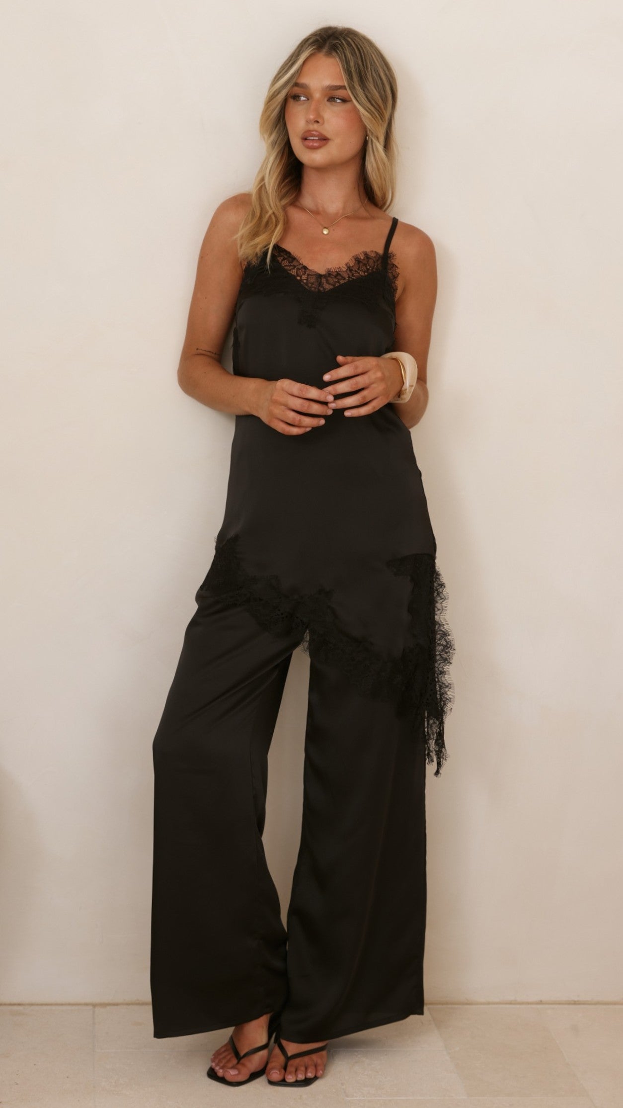 Hayleigh Asymmetrical Top and Pants Set - Black/Lace - Billy J