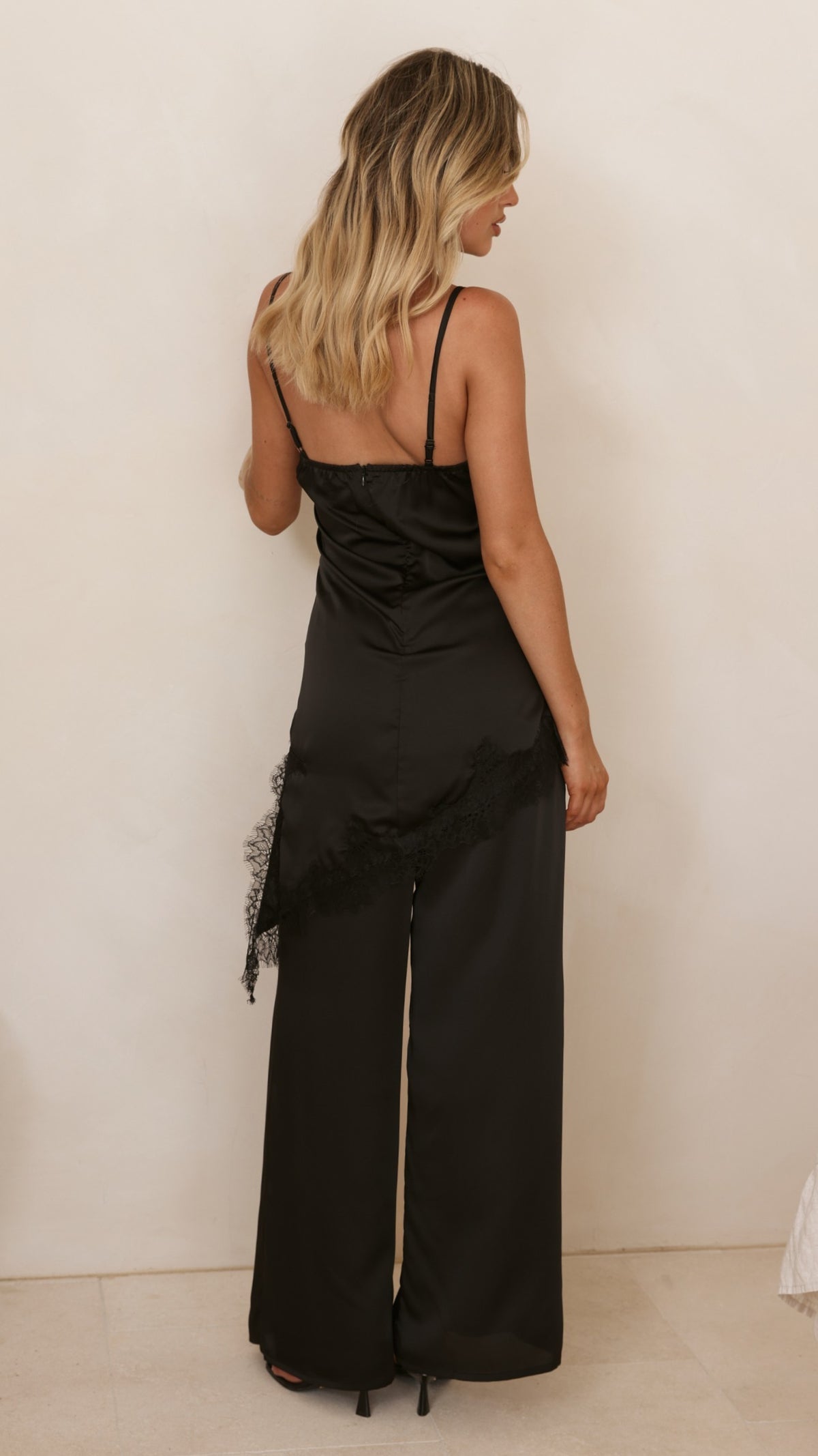 Hayleigh Asymmetrical Top and Pants Set - Black/Lace - Billy J