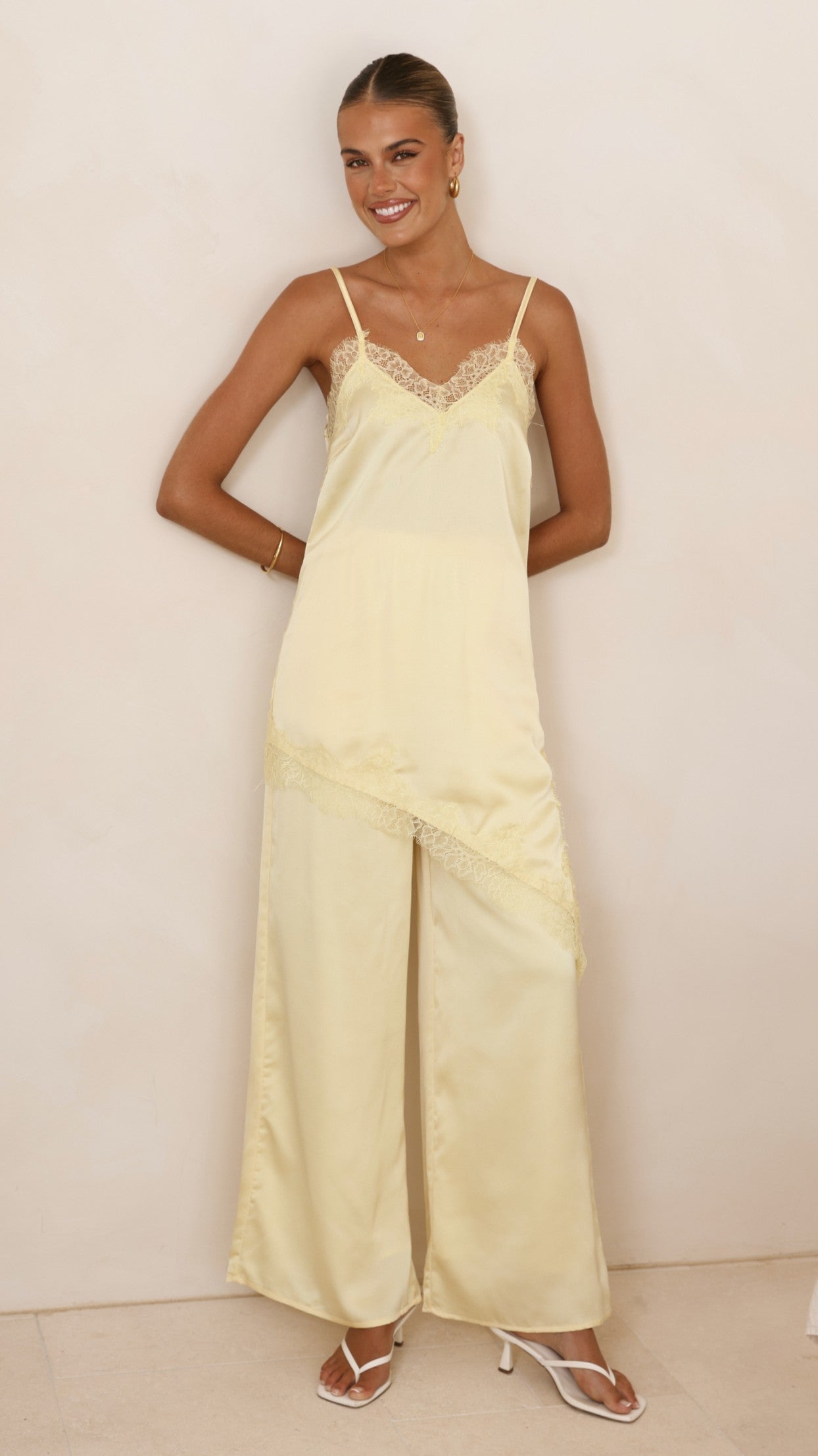 Hayleigh Asymmetrical Top and Pants Set - Yellow/Lace - Billy J