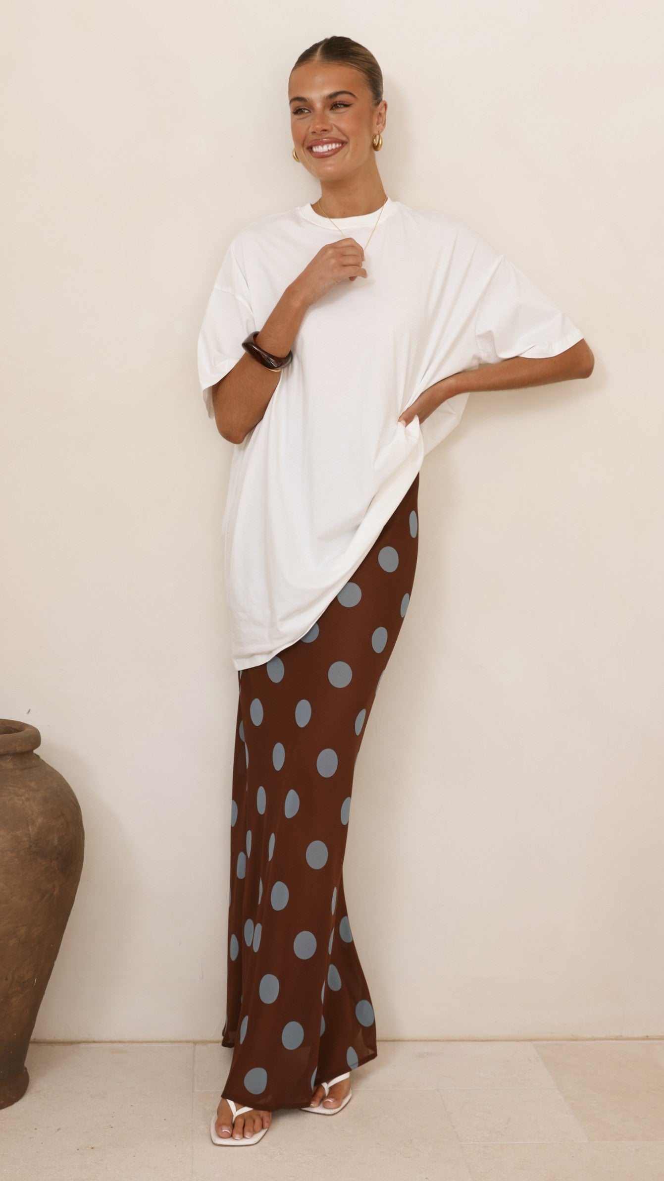 Yumi Oversized Tee and Sheer Skirt Set - White/Brown/Blue Polka - Billy J