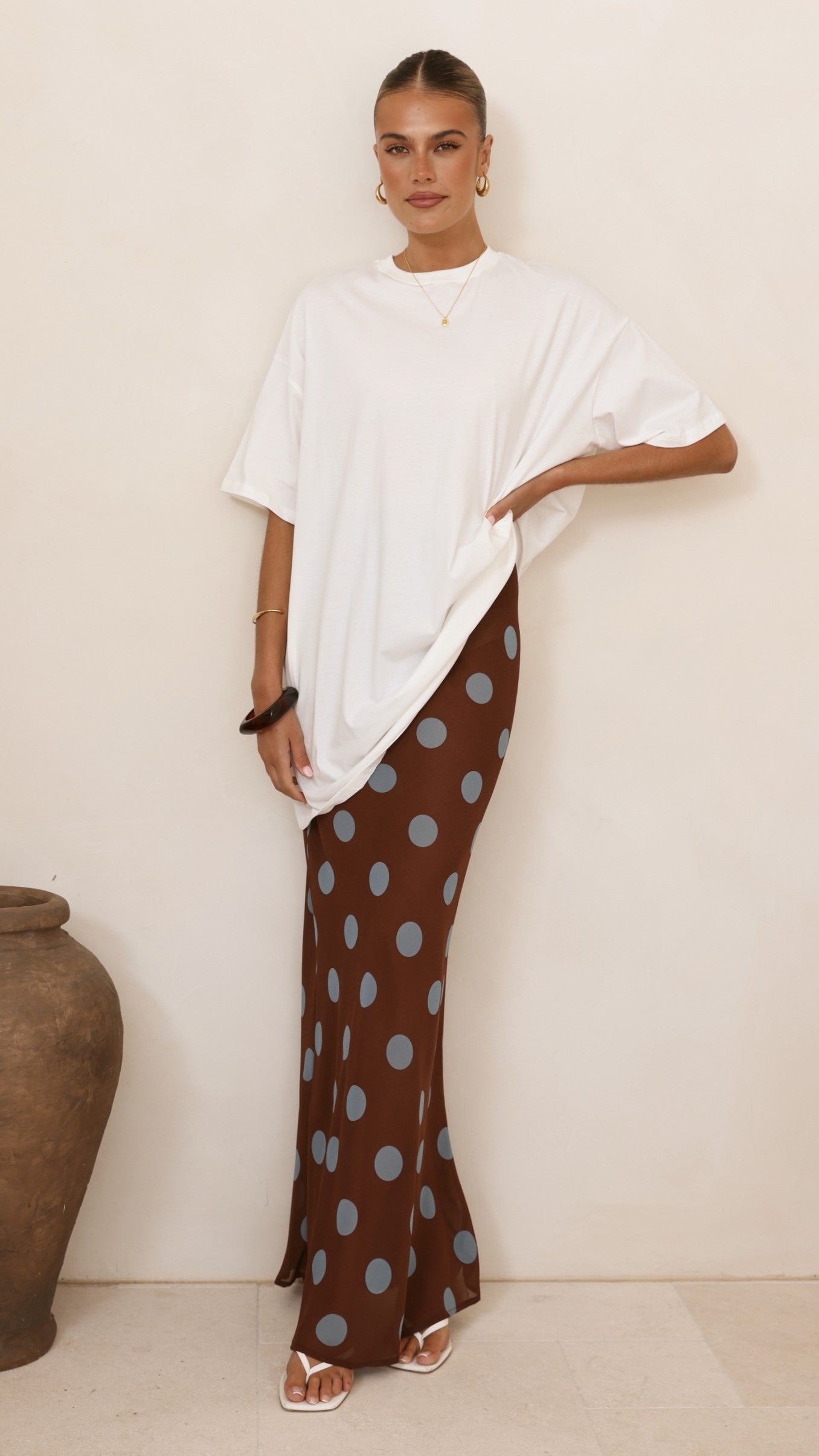 Yumi Oversized Tee and Sheer Skirt Set - White/Brown/Blue Polka - Billy J