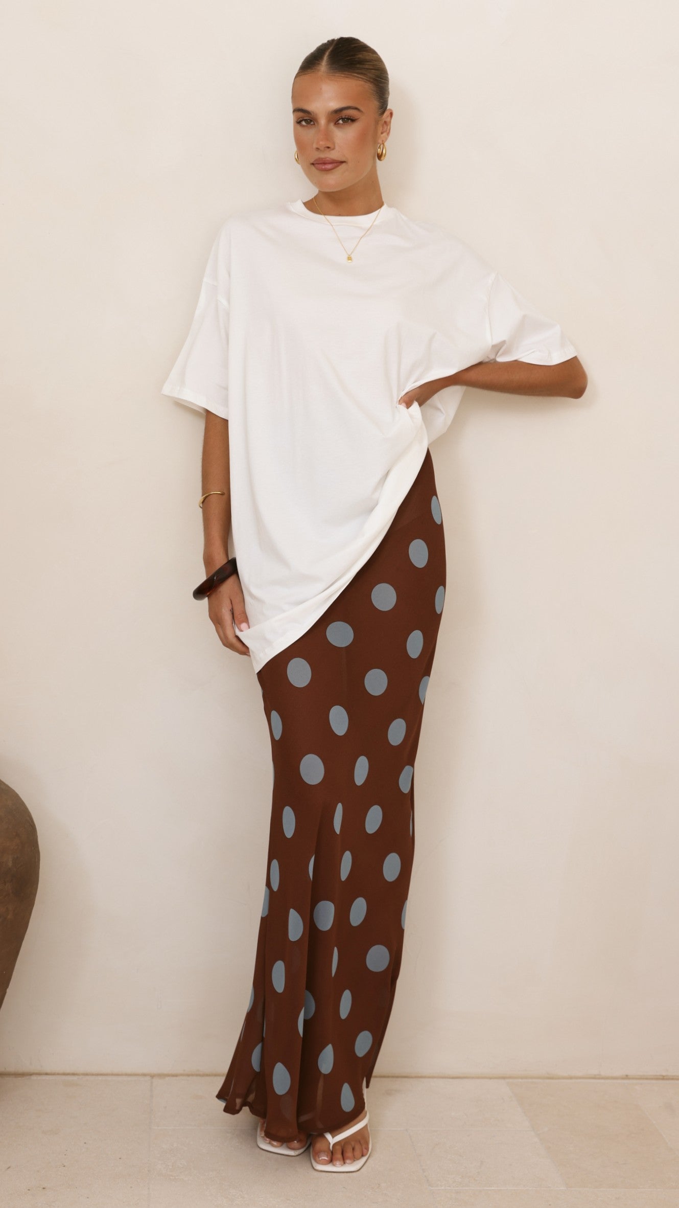 Yumi Oversized Tee and Sheer Skirt Set - White/Brown/Blue Polka - Billy J