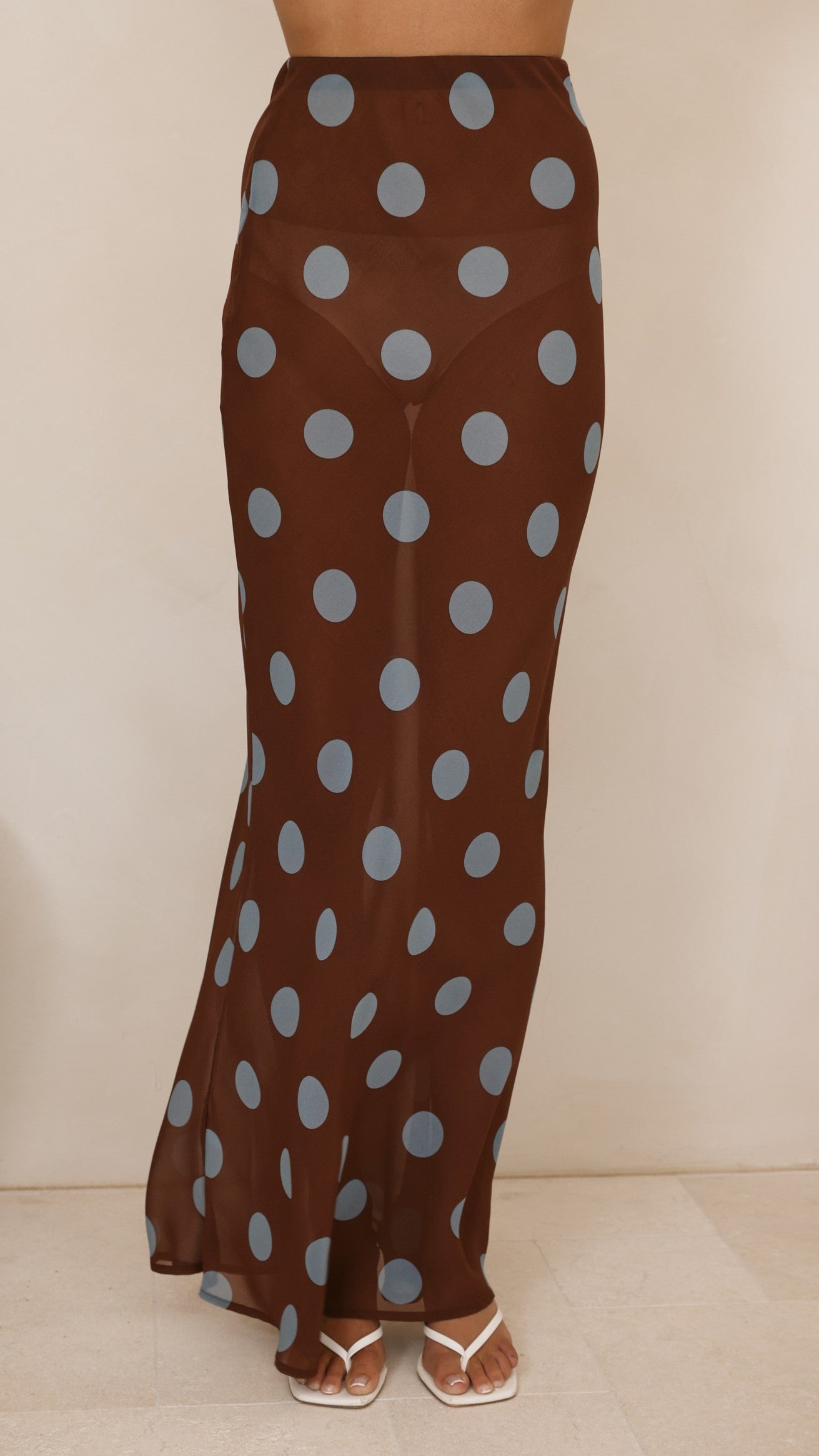 Yumi Oversized Tee and Sheer Skirt Set - White/Brown/Blue Polka - Billy J
