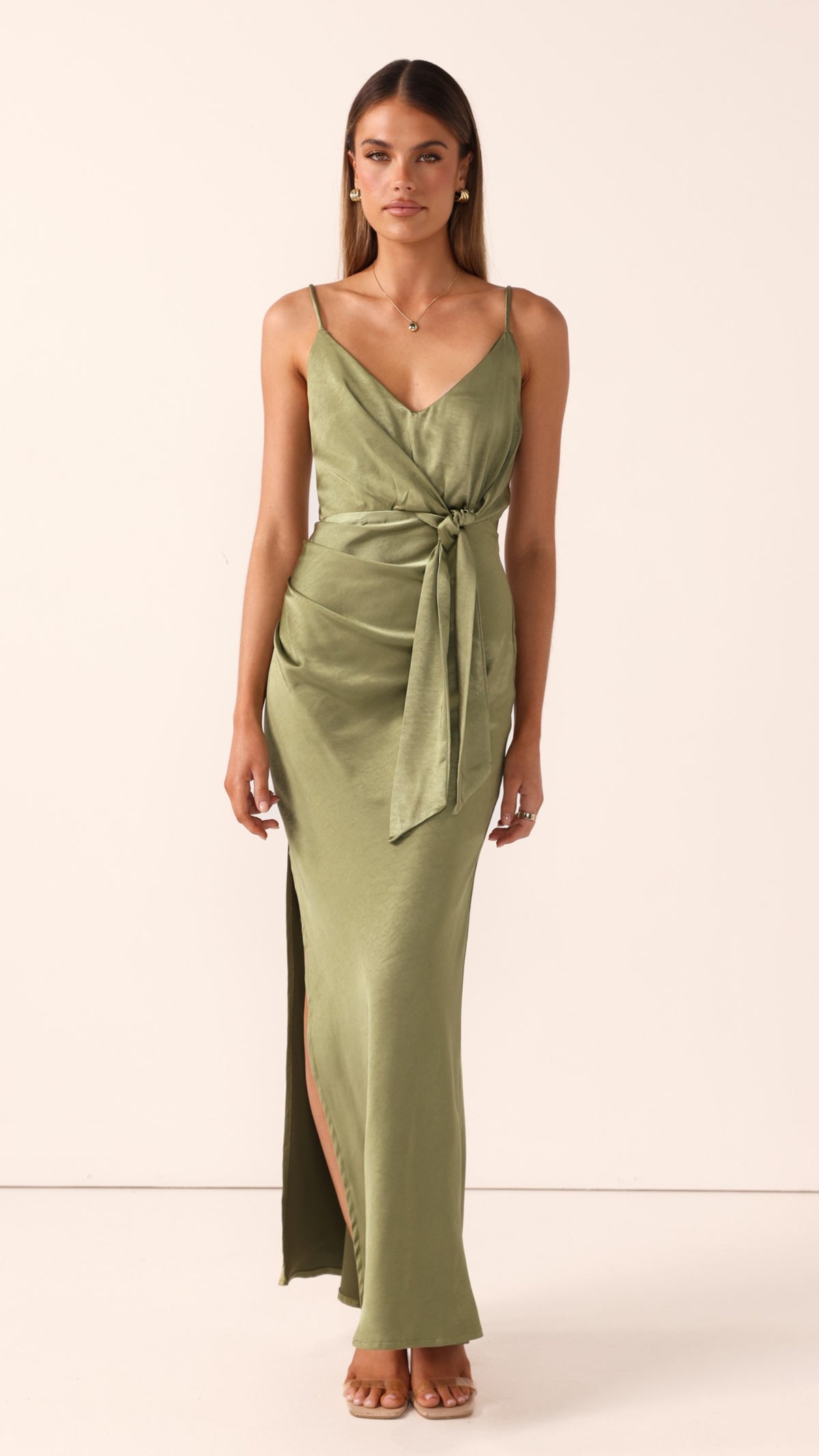Yasmeen Tie Front Maxi Dress - Olive - Billy J