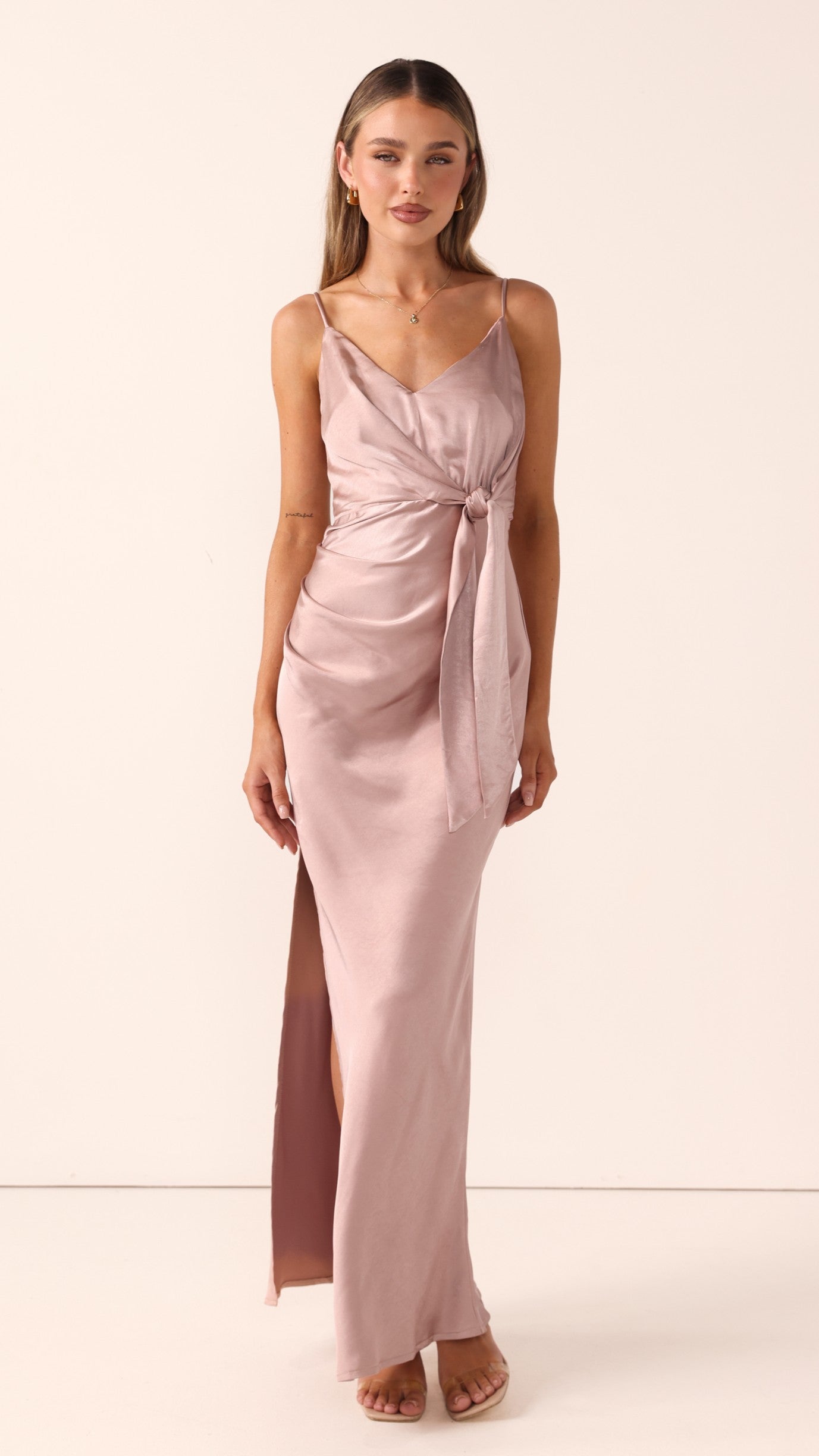 Yasmeen Tie Front Maxi Dress - Dusty Pink - Billy J