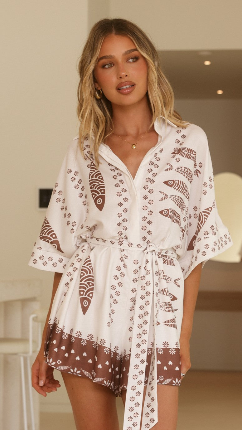 Carmen Playsuit - White/Brown Print - Billy J