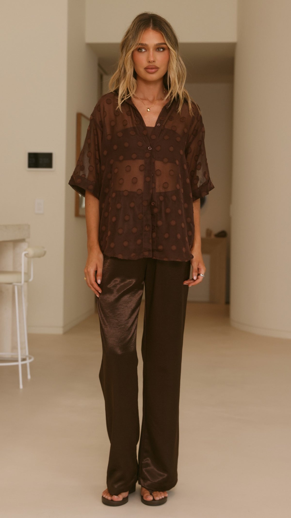 Katherine Semi Sheer Button Up Shirt - Chocolate Spot